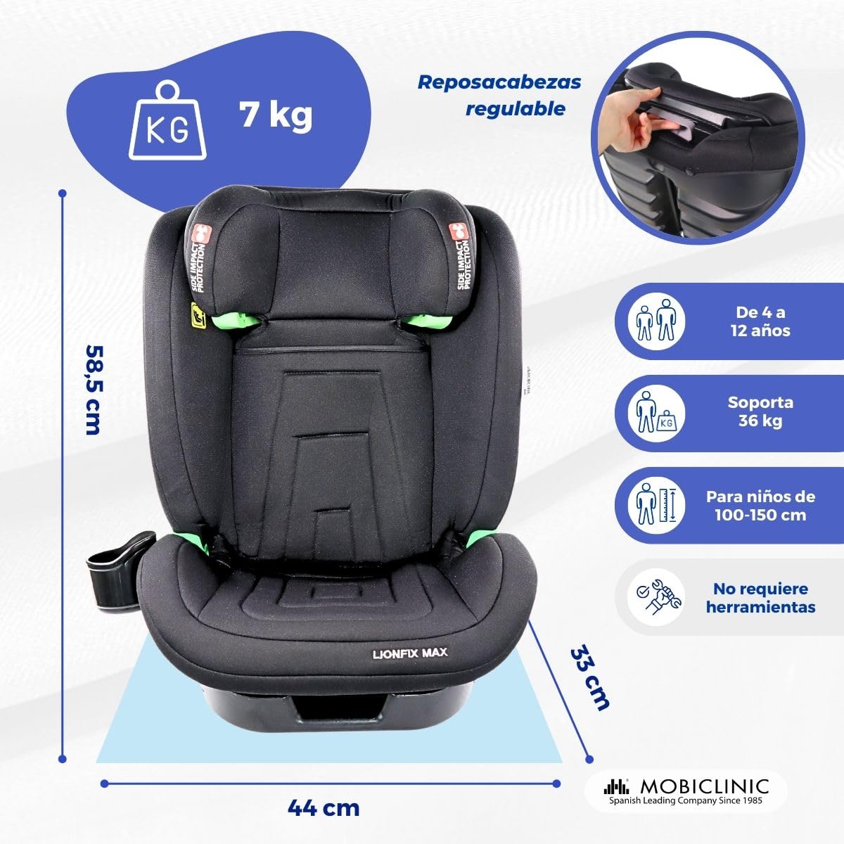 Mobiclinic® kids, Silla de coche, I-size, Isofix, Grupo 2/3, 36kg, 4-12 años, Lionfix max, Evolutiva, 100-150cm, Protección lateral, Reposacabezas regulable, Reclinable 3 posiciones, Portabotellas