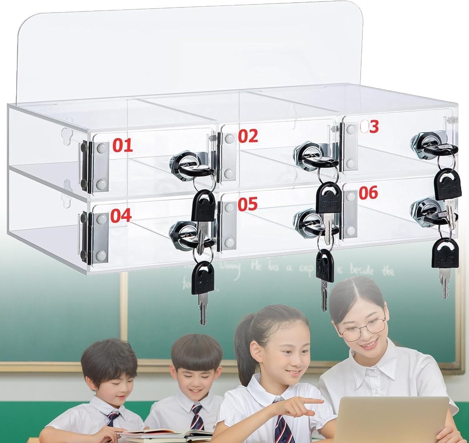 Mobile Phone Storage Box Transparent Acrylic Mobile Phone Security Locker with Key,Wall Mounted Acrylic Cell Phone Locker Cabinet, 6-Slot Organizer Box for Classroom & Office, Numbered Stora