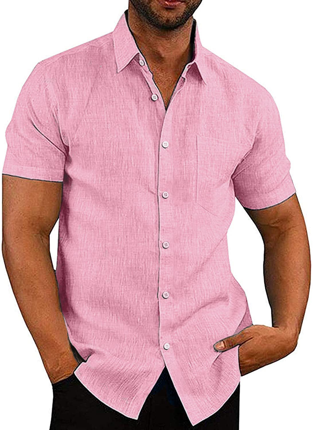 APOONABA Camisa Hombre Manga Corta Camisa Verano Casual Coton Shirts Clásico Color Sólido Camisa con Bolsillo