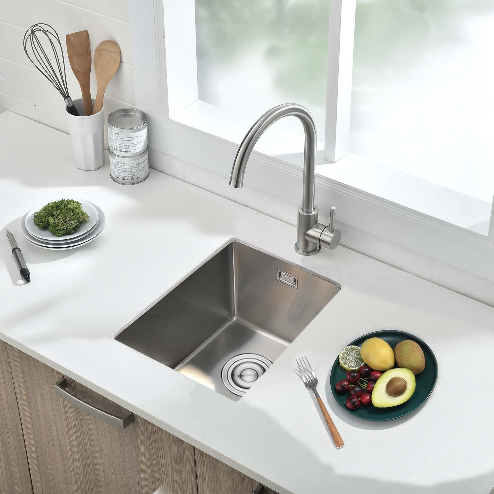 304 Stainless Steel Kitchen Sink, 35X40CM Small Sink, BoomHoze Undermount Single Bowl Outdoor Campervan Essential with Overflow, Drainer Fittings, Drop in Flushmount or Topmount Installation, Brushed