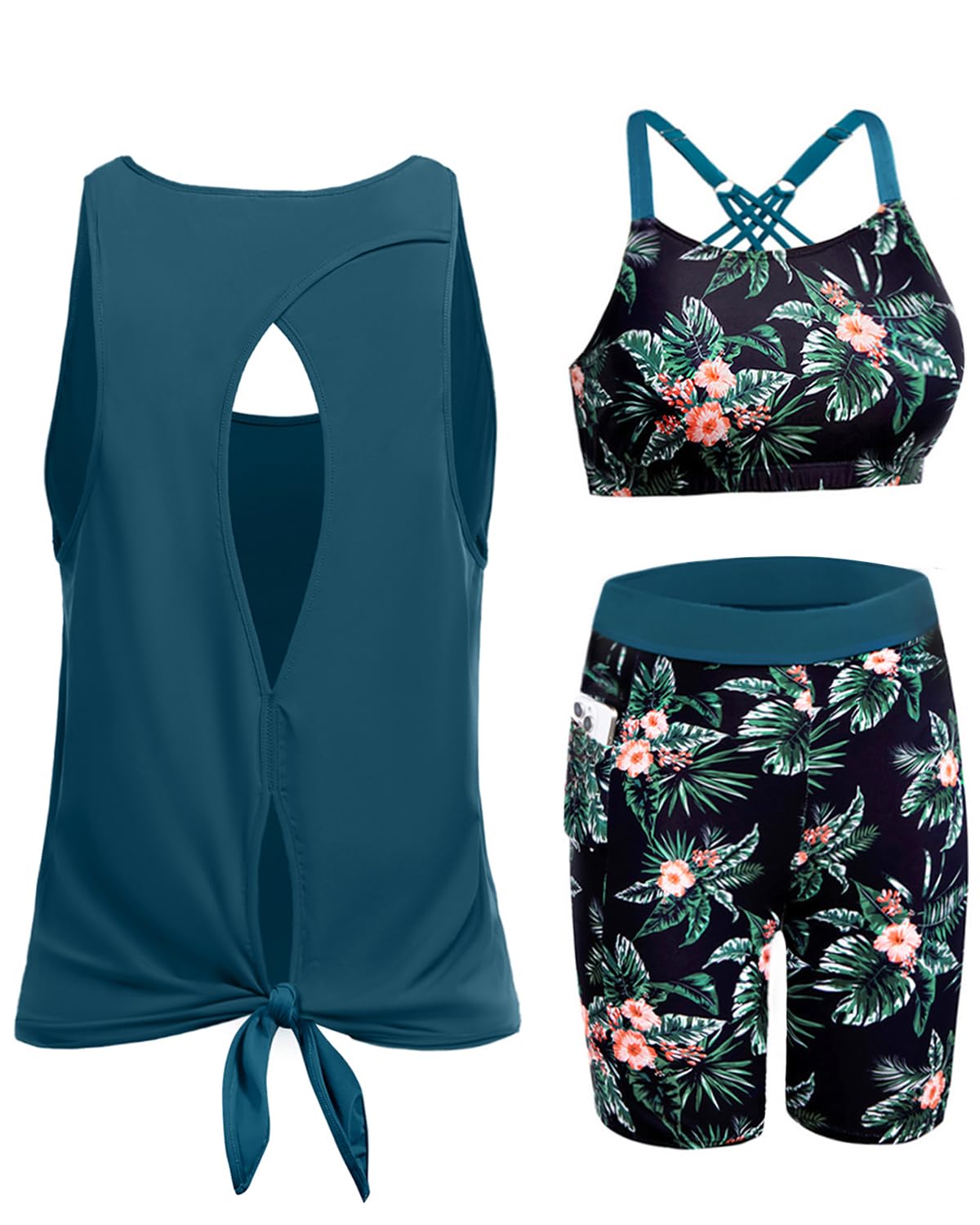 Daci Women 3 Piece Tankini Swimsuits - Athletic Swim Tank Top with Bra Bathing Suit with Shorts Modest