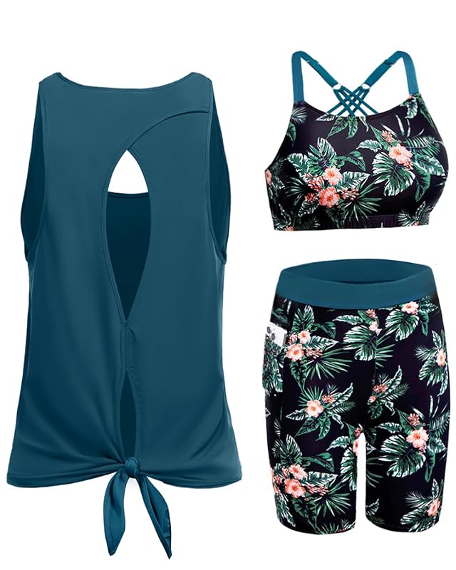 Daci Women 3 Piece Tankini Swimsuits - Athletic Swim Tank Top with Bra Bathing Suit with Shorts Modest