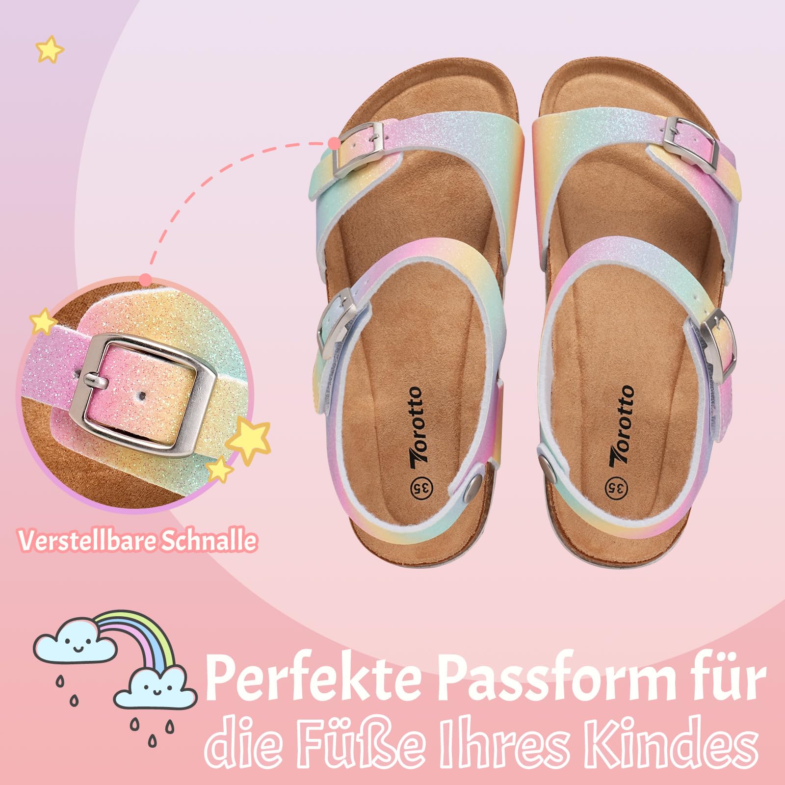 Torotto Sandalen Mädchen Jungen Mit Kork Sandals Kinder Pantoffeln Riemen Verstellbare Schnalle Rutschfeste Mit Klettverschluss Sandaletten für Drinnen und Draußen