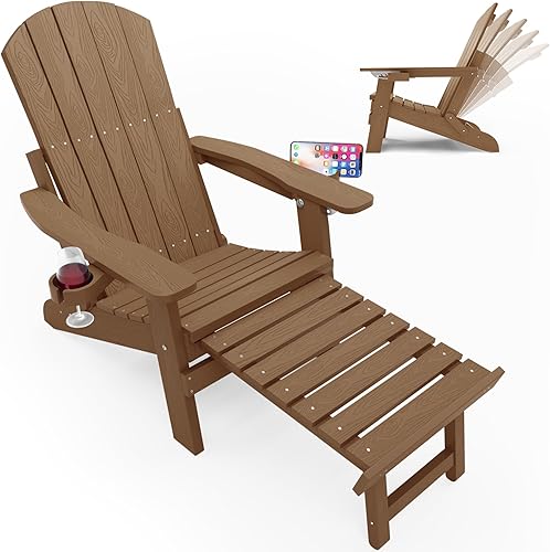 YEFU Silla Adirondack plegable con reposapiés, silla Adirondack ajustable con otomana retráctil y 2 portavasos, sillas Adirondack ajustables de 5