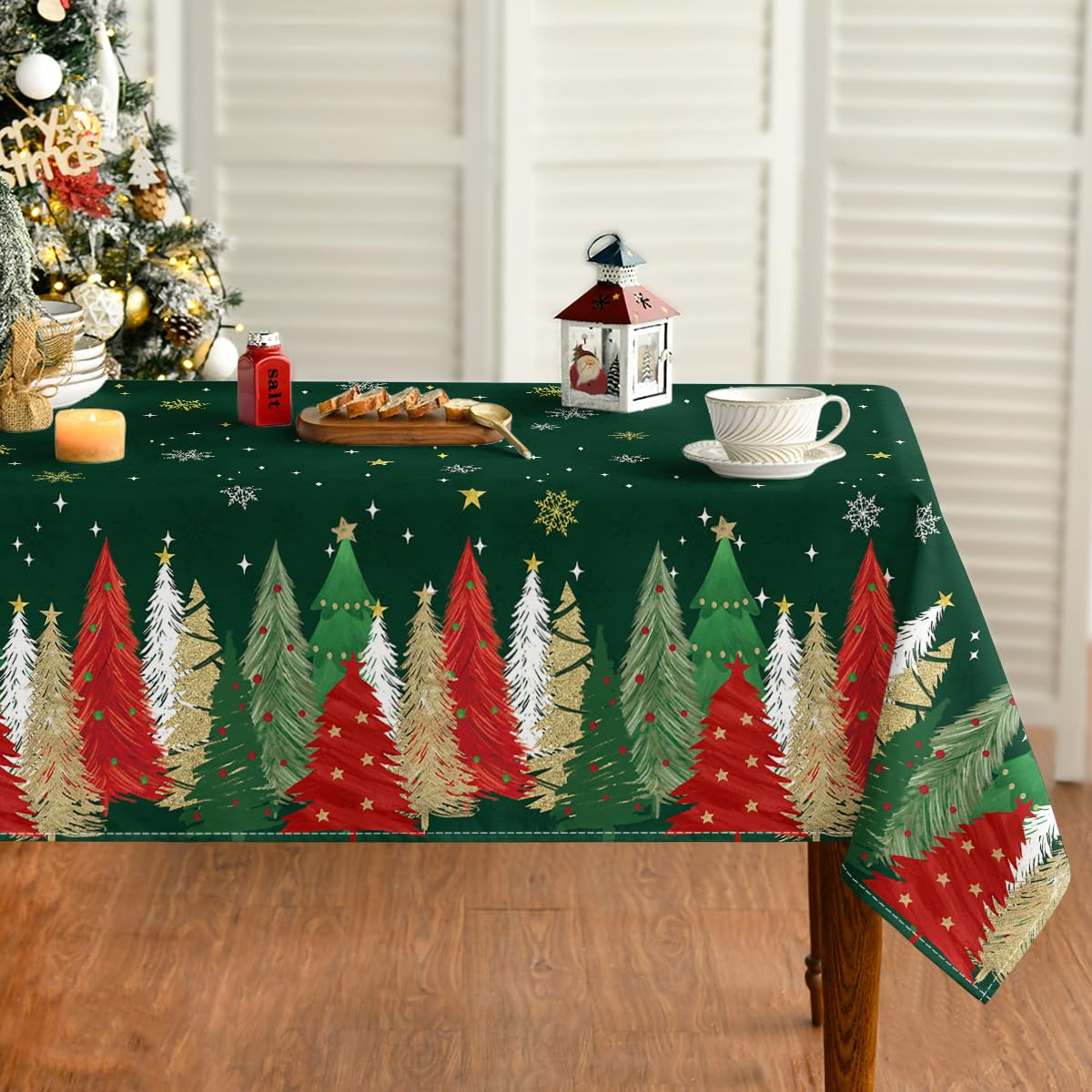 Horaldaily Christmas Tablecloth 60×104 Inch Rectangular, Christmas Trees Green Washable Table Cover for Party Picnic Dinner Decor