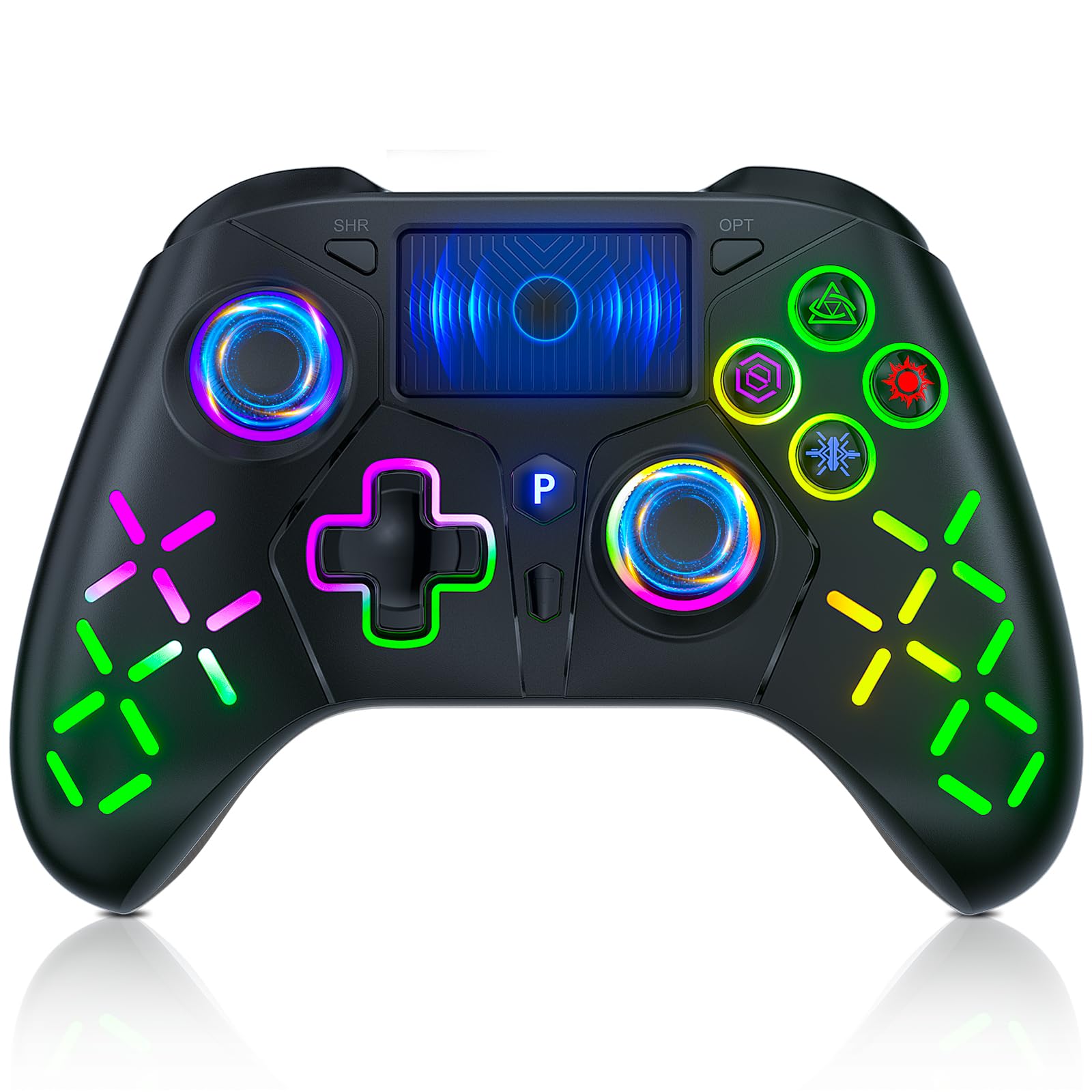 Bonacell RGB Wireless Controller für PS5/PC/P4 mit Motor-Vibration, 6-Achsen-Sensor, Turbo, 3,5-mm-Audiobuchse, Touchpad