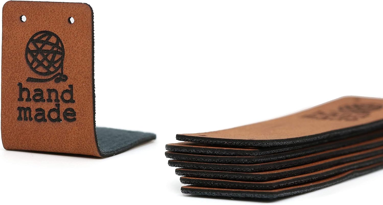Folding Personalized Leather Tags for Handmade- Black-Brown Mod HMD Yarn hand made- PU Leather Labels for crochet items sewing and knitting Faux Leather Tags Leatherette (Customized Text - 15 pieces)