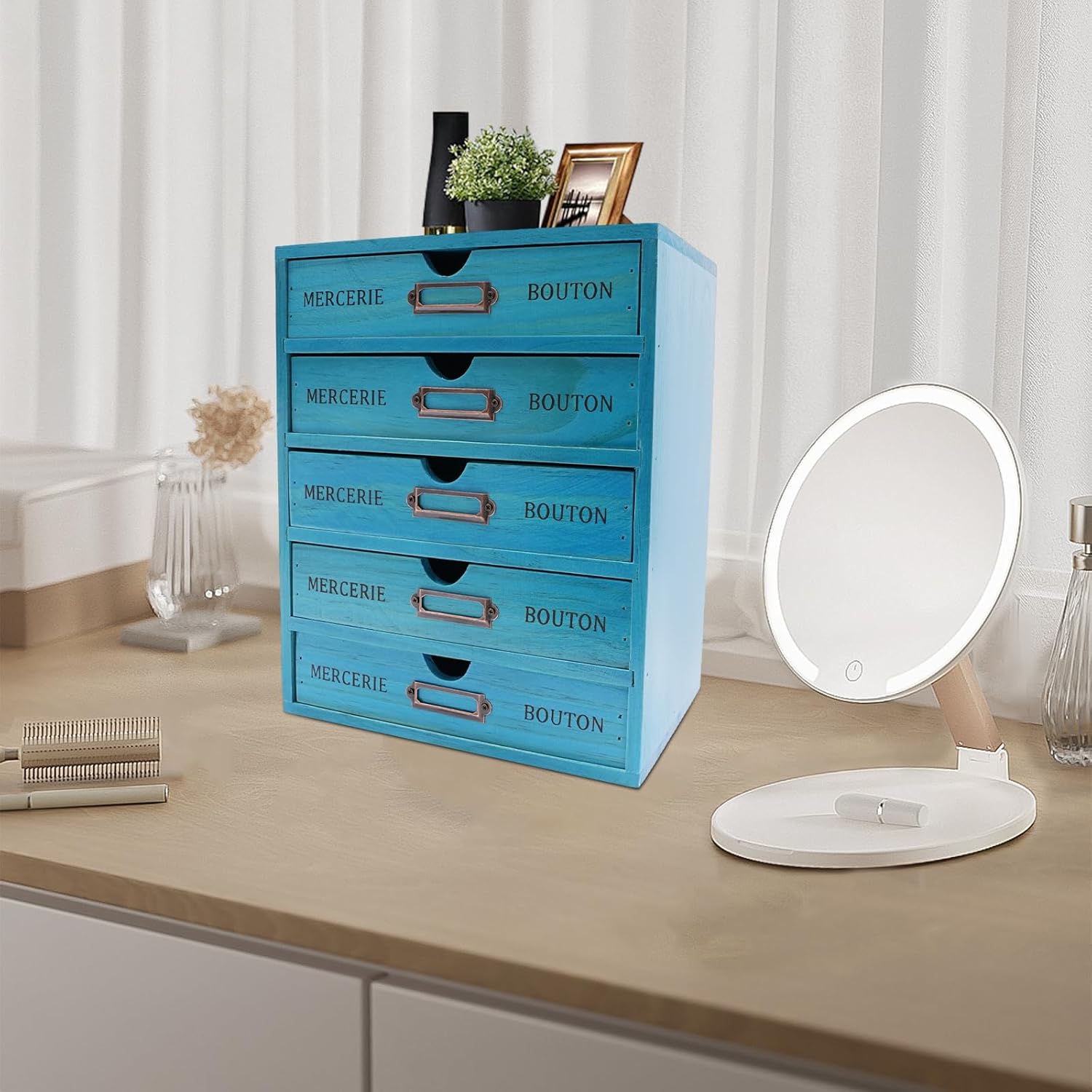 Turquoise 5 Drawer Wooden Desk Organizer, Wooden Storage Box Desktop Storage, Countertop Drawers Library Card Catalog Cabinet Apothecary Cabinet, Vintage Wood Home Office Desk Organizer (Blue)