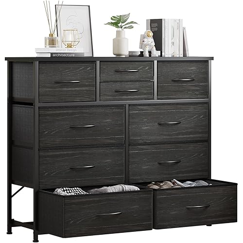LUMTOK 10-Drawer Dresser, Fabric Dressers Drawers for Bedroom, Hallway, Nursery, Closets, Steel Frame, Wood Top, Easy Pull Handle (Black Wood Veins)