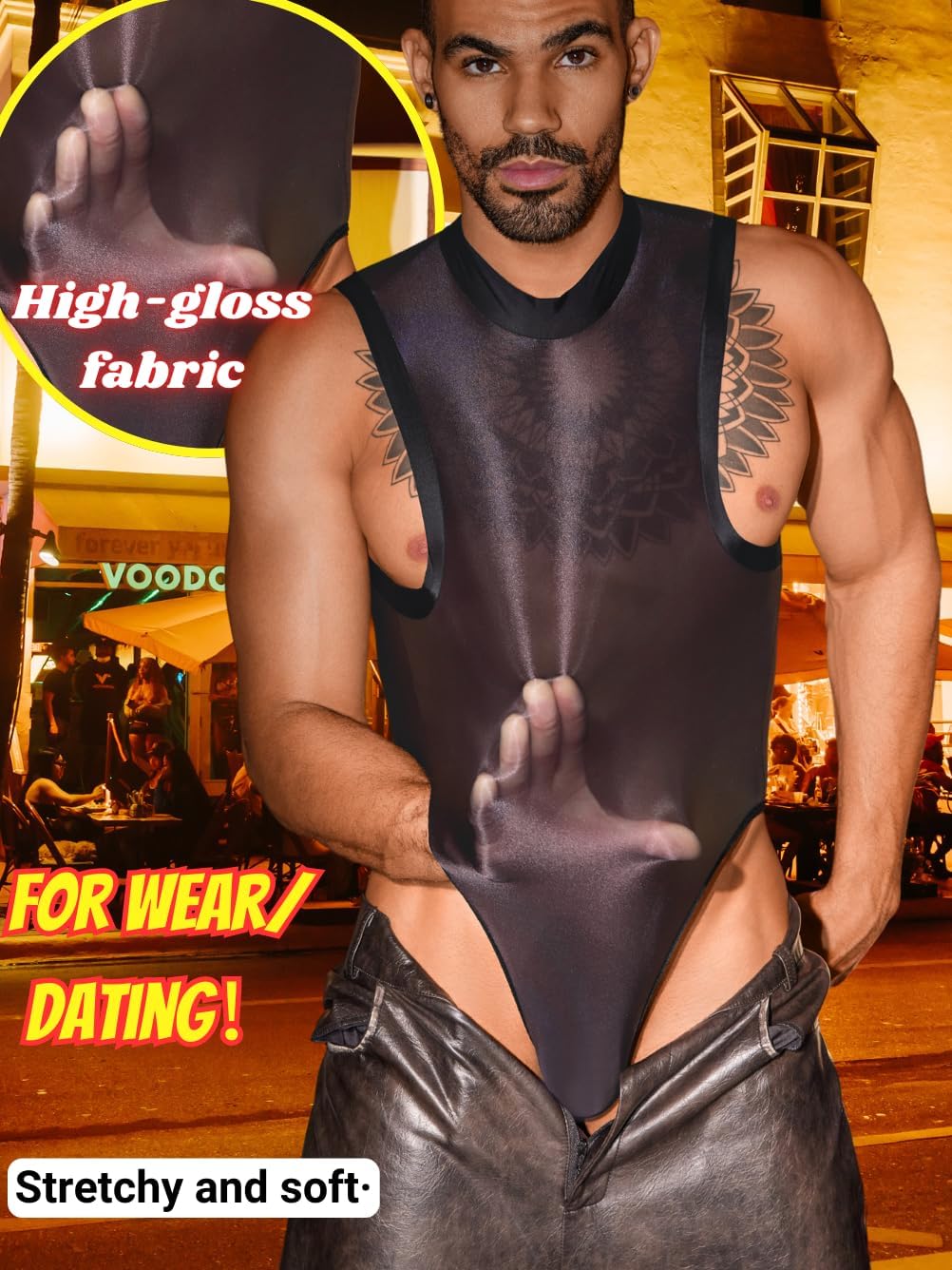 Sexy Glossy Mens Lingerie Sheer, Snap Crotch Thong Leotard High Cut Muscle Suit, Mesh Rave Bodysuit Top Club Outfits - Image 4