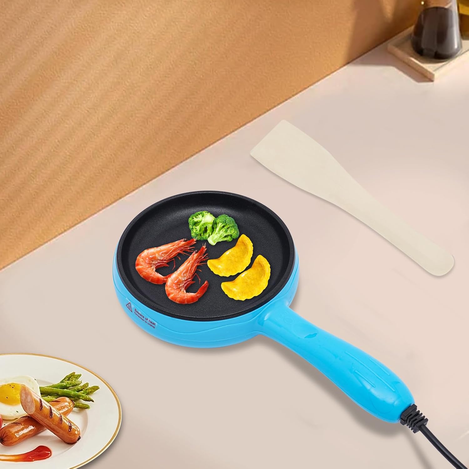 6-Inch Non-Stick Electric Skillet, Rapid Heat Up, Personal Mini Electric Round Griddle for Individual Pancakes, Cookies, Eggs & other on the go Breakfast, Lunch & Snacks, Blue/Yellow/Pink (Blue)