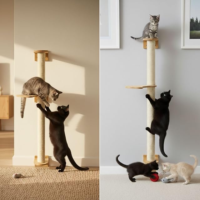 Foto 5 de 8 de eyepower 105 cm Rascador de Pared Luna con 1 Plataforma de Bambú - Árbol para Gatos con Estantería