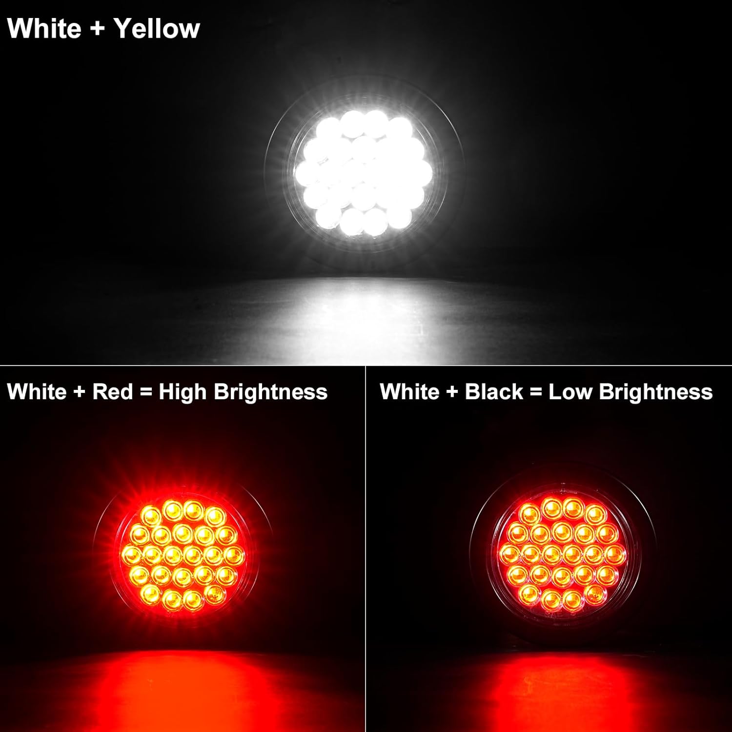 Pack of 4 4 Inch LED Round Trailer Lights - 24 LED RED Stop/Turn Signal Tail Lights & 4" WHITE Back-up/Reverse Lights for Trailer Truck with 3 Prong Wire Pigtails