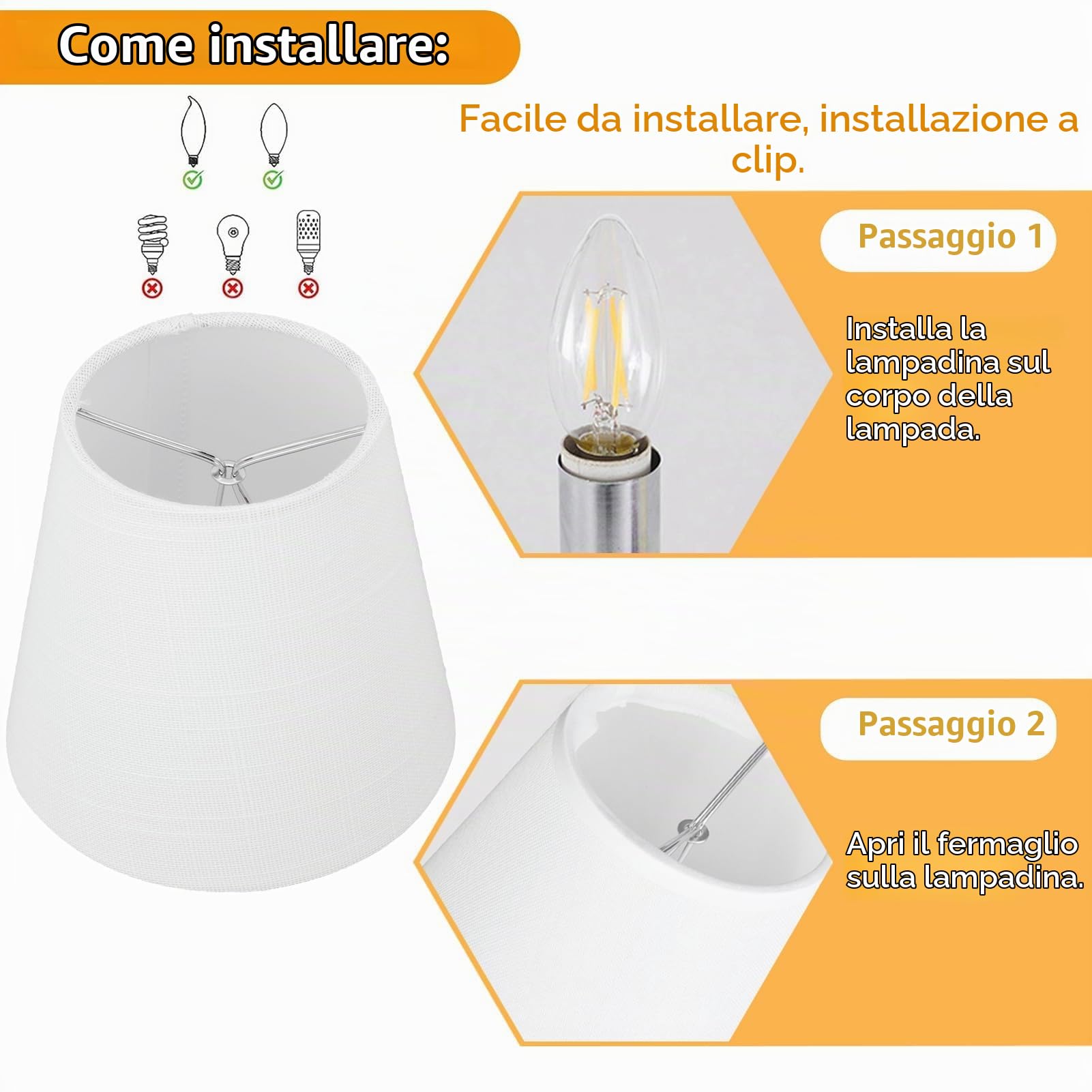 Paralume in tessuto a barilotto di fattoria, 6 Pezzi Moderno E14 Clip su Paralumi Lampadario per Candela Lampadario