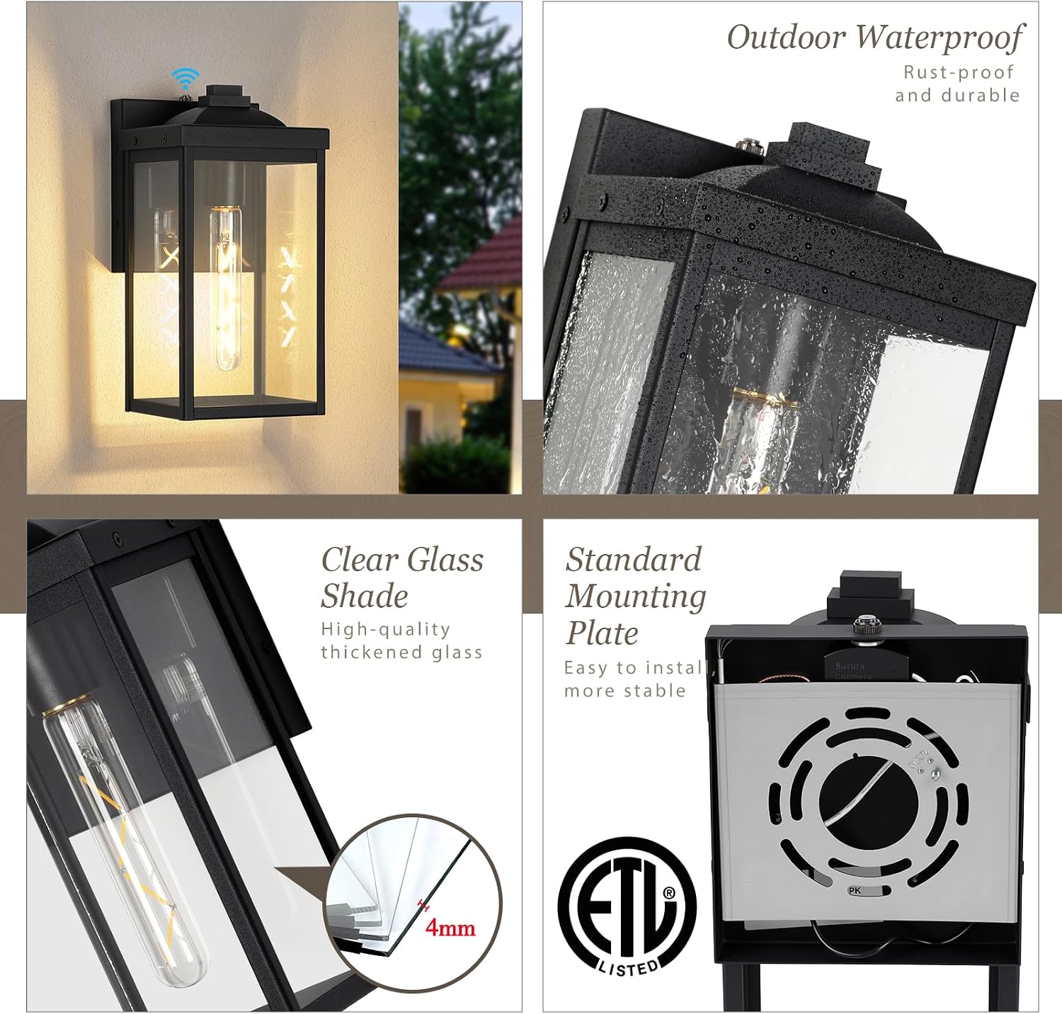 Dusk to Dawn Outdoor Wall Light Fixtures with Photocell Sensor, Front Porch Lights Waterproof, Black Exterior Wall Mount Sconce with Clear Glass for Garage Patio House, E26, OS-JJ249-BK-1PK