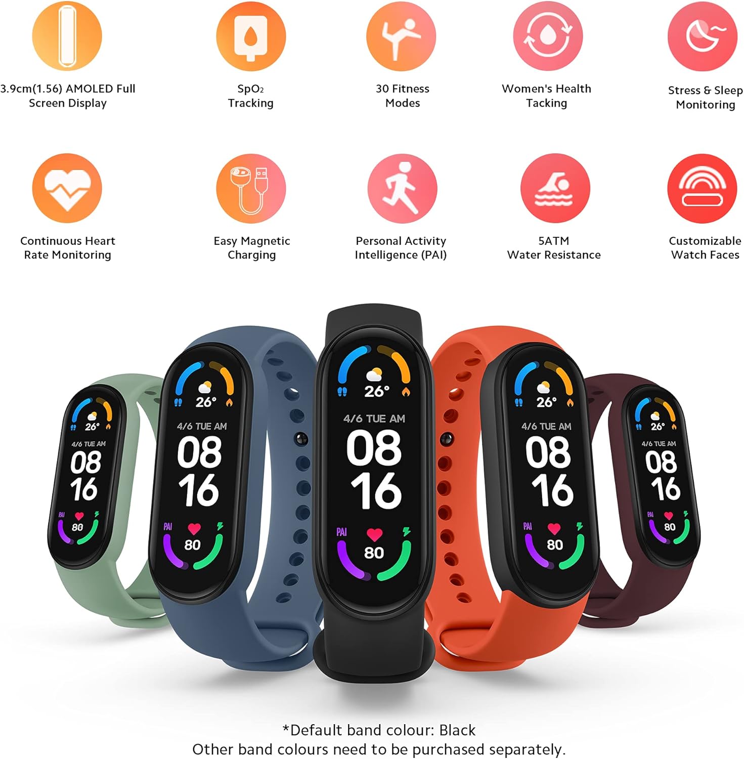 Xiaomi Mi Smart Band 6 - 1.56'' AMOLED Touch Screen, SPO2, Sleep Breathing Tracking, 5ATM Water Resistant, 14 Days Battery Life, 30 Sports Mode, Fitness, Steps, Sleep, Heart Rate Monitor [Official UK] : Sports & Outdoors