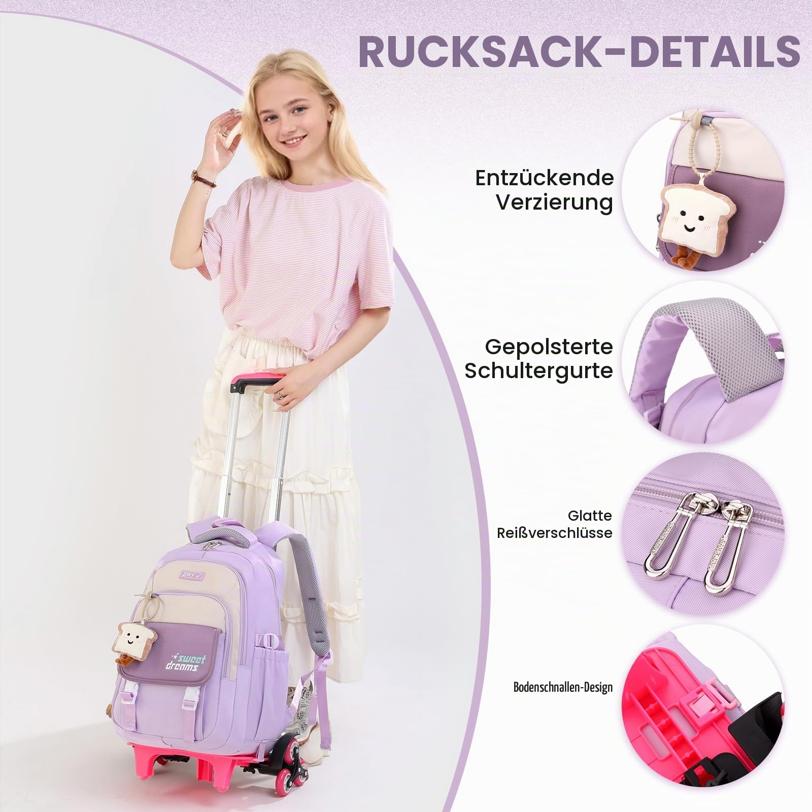 Amythe Schulrucksack Trolley für Mädchen, Teenager Rucksack, 36L, Lila