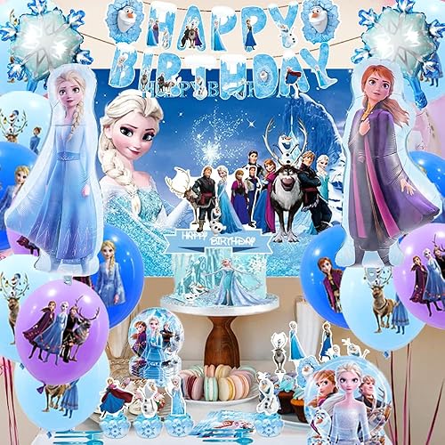Miniatura 4 de Decoraciones de fiesta de cumpleaños de Frozen, suministros de fiesta de Frozen, incluyendo telón de fondo, pancarta de cumpleaños, remolinos