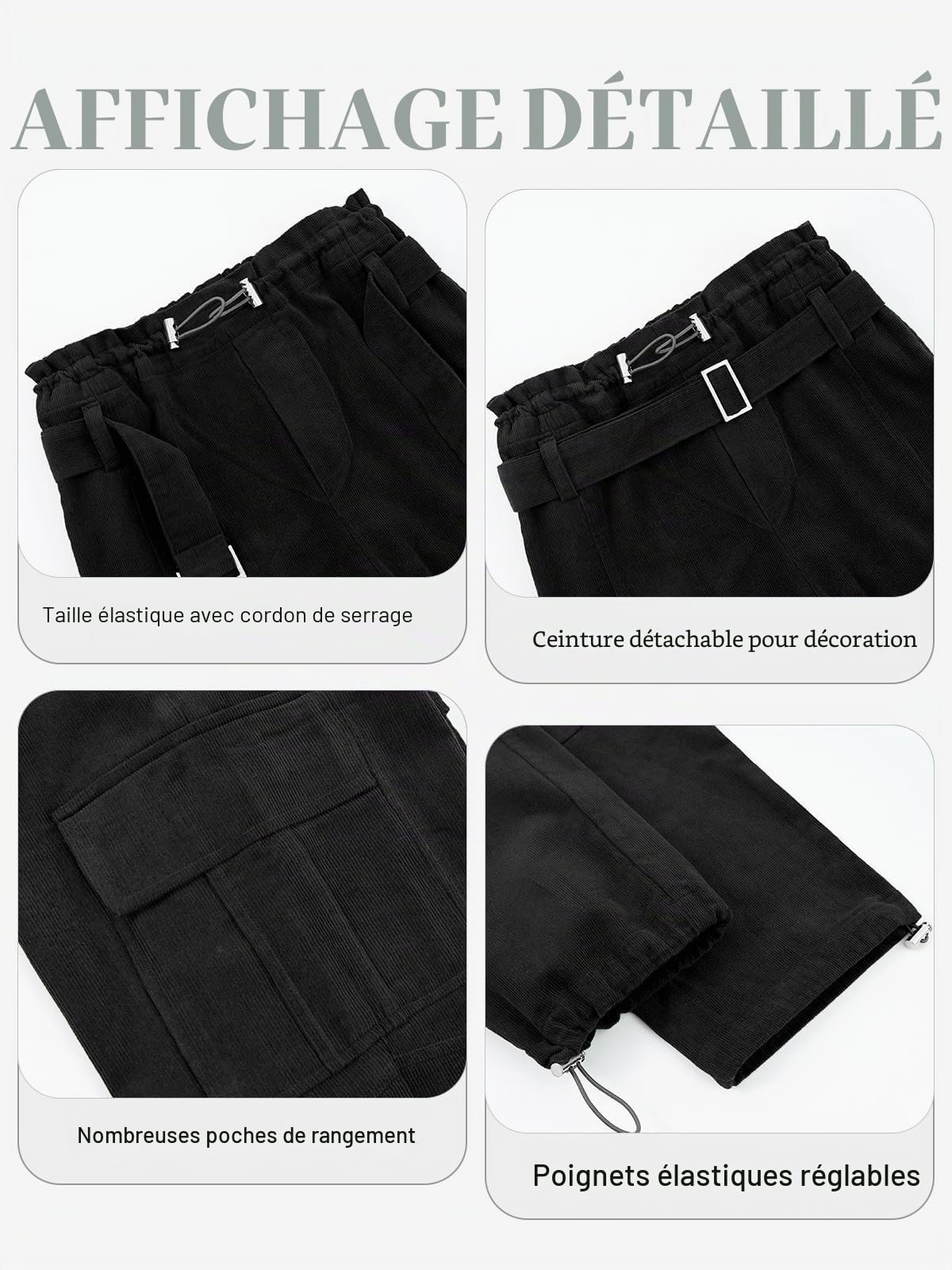 Rolanko Pantalon Cargo Fille avec Ceinture Réglable Taille Haute Élastiquée en Velours Côtelé Jogging Pantalon de Danse Hip Hop pour Enfants