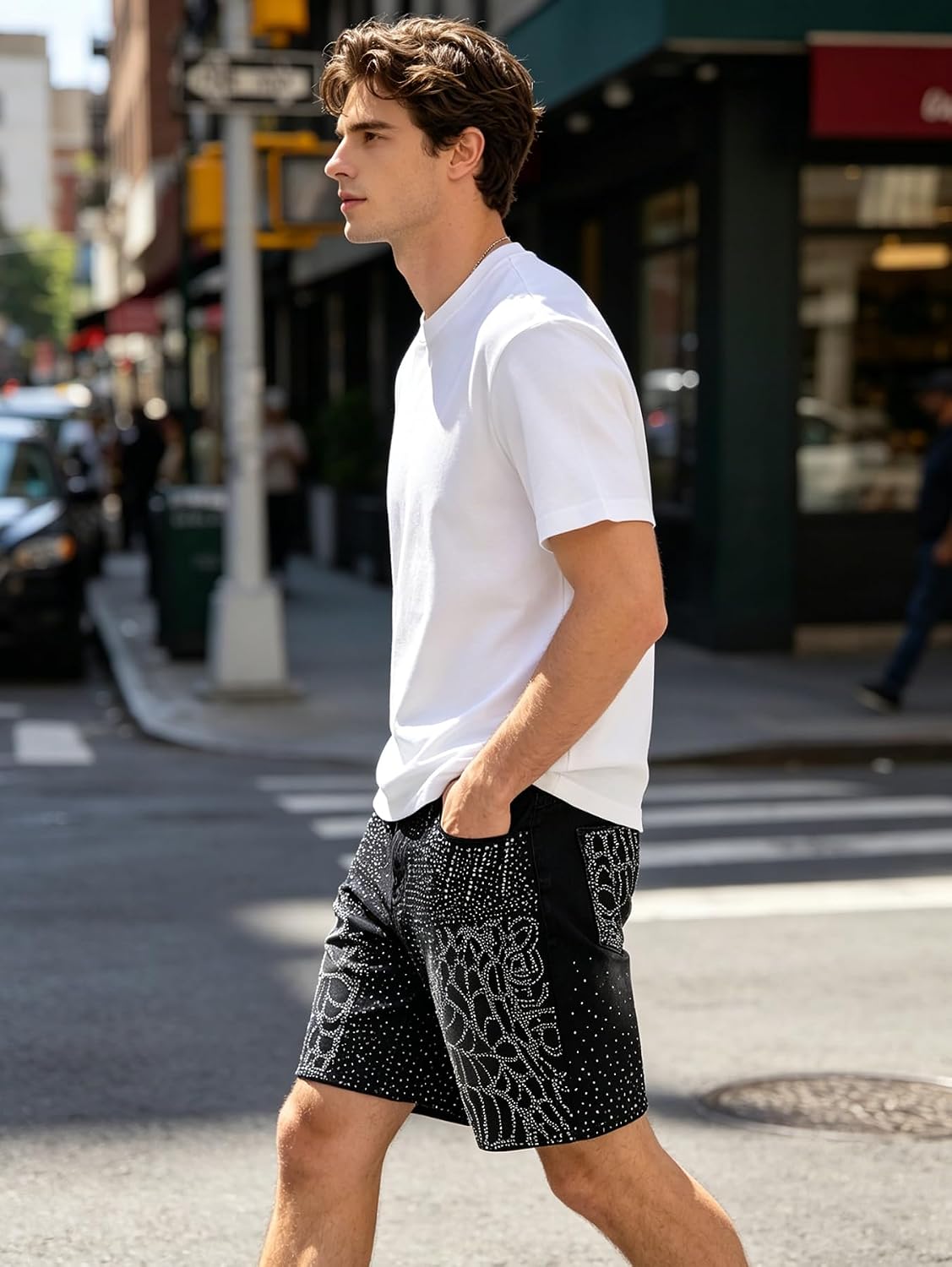 Men's Denim Shorts Rhinestone Decoration Slim High-Street Casual Breathable Jeans Shorts