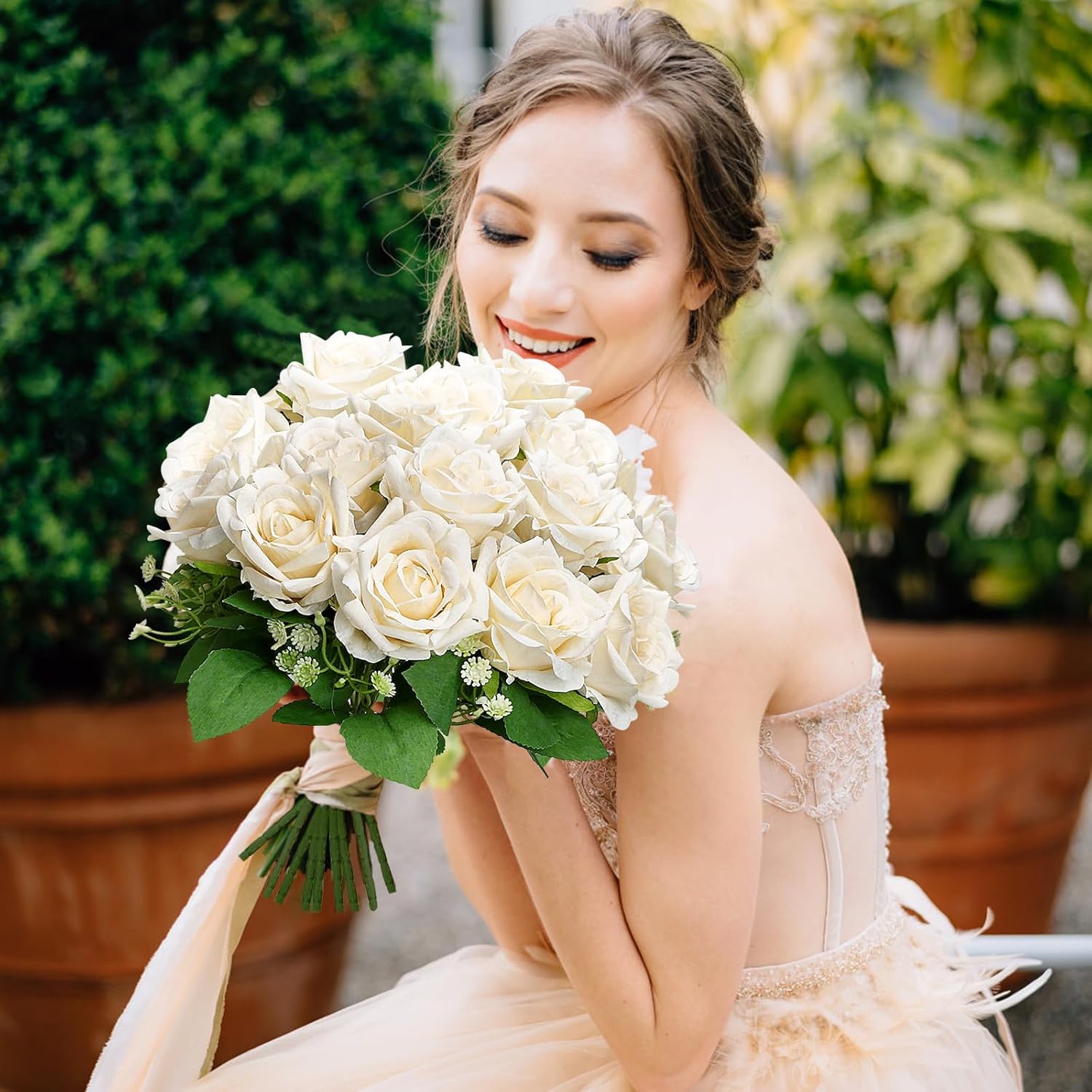 Artificial Roses Bouquets - 8 Bundles Fake Silk Flowers Realistic Faux Florals Bulk for Wedding Bridal Party Baby Shower Event Home Arrangements Centerpieces Decorations (Champagne)