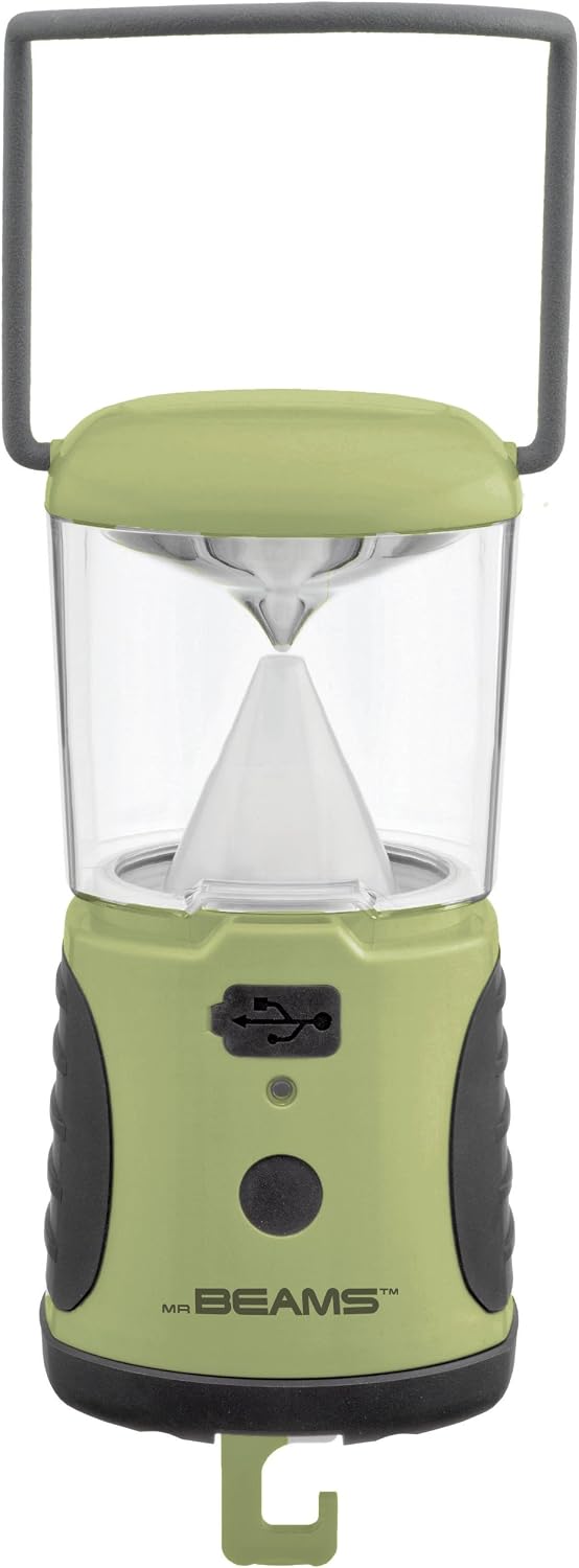 Mr. Beams MB470 UltraBright LED Camping Lantern with USB Charger for iPhone; Camping, Hiking, Hurricanes, Emergencies, Outages; Water resistant, Lightweight, Super bright, Removable top cover, Hook and handle – Green