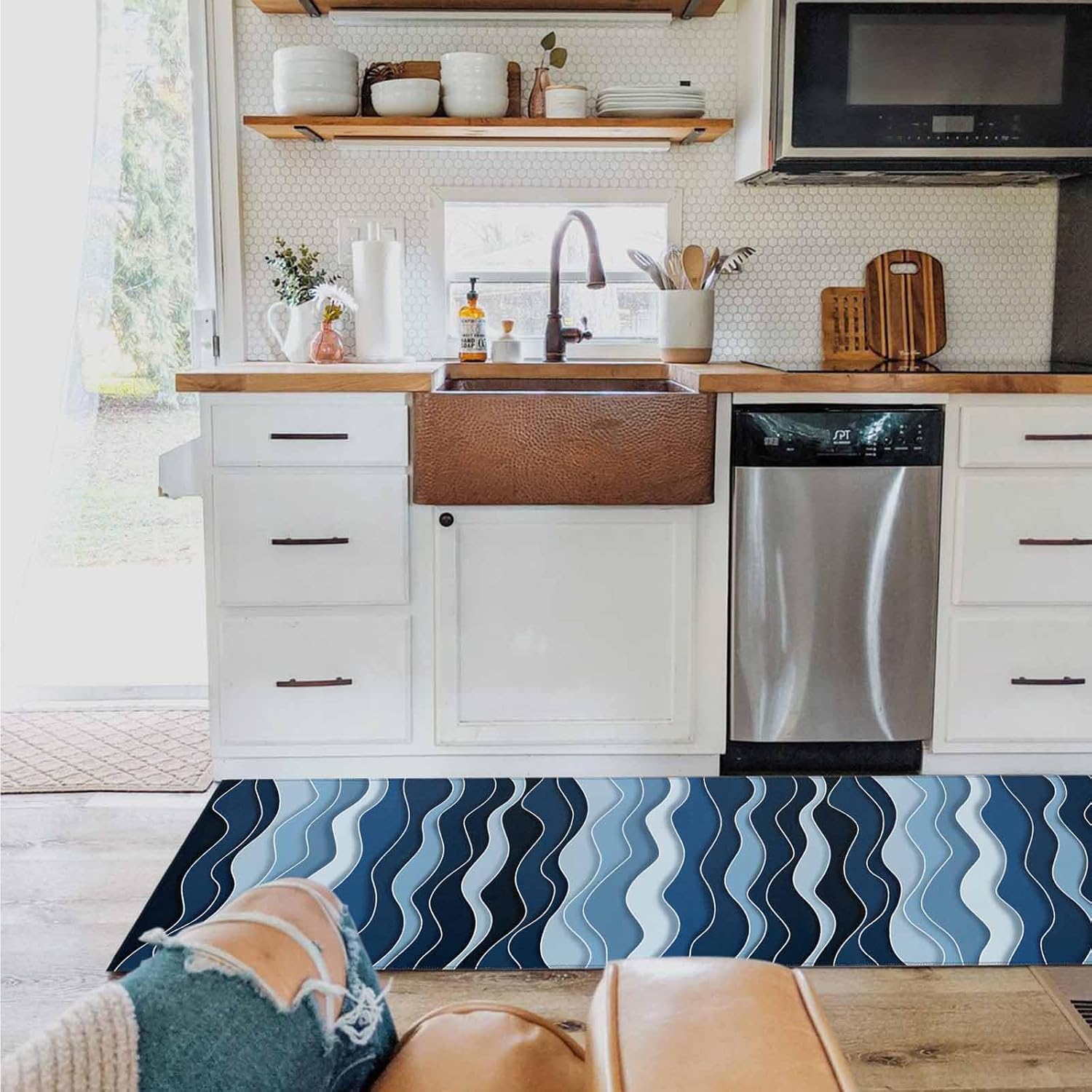 2 Pieces Kitchen Rugs and Mats,Modern Blue Gradient Wave Area Runner Rug Set Non Slip Floor Doormat Washable Carpet Standing Mat for Kitchen Sink Indoor Corridor,Abstract Country Farmhouse Stripe