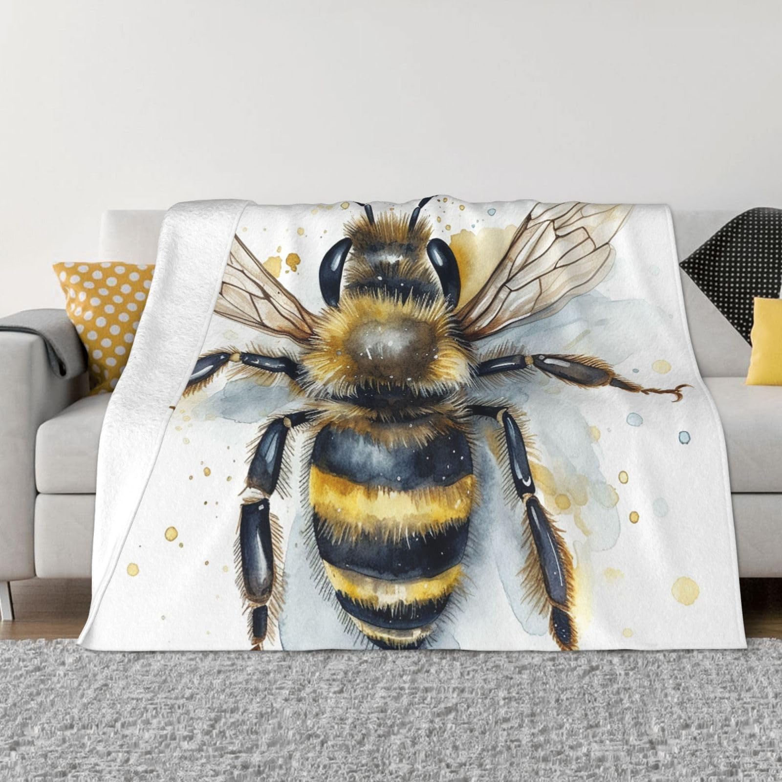 FodPand Watercolor Bee Fleece Blanket 60"x50" Lightweight Warm Throw Blanket for Bed Couch Cozy Air Conditioning Quilt All Seasons Decorative Fuzzy Blankets Gifts for Women Men