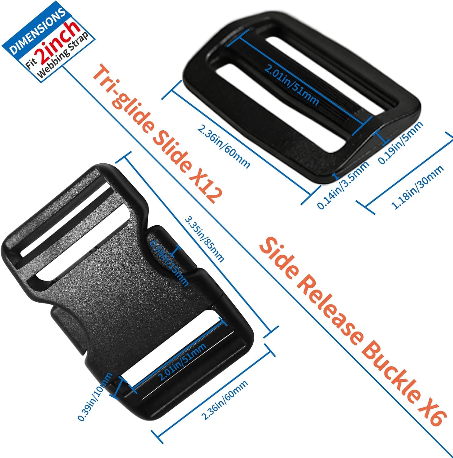 2" Heavy-Duty Buckle & Straps Set: 6-Pack Side Release Plastic Buckles+11 Yards of Thick Nylon Belt 2 Inch Wide+12 Pcs Tri-Glide Slide Clips, Replacement for Backpack Luggage Strap Pet Collar