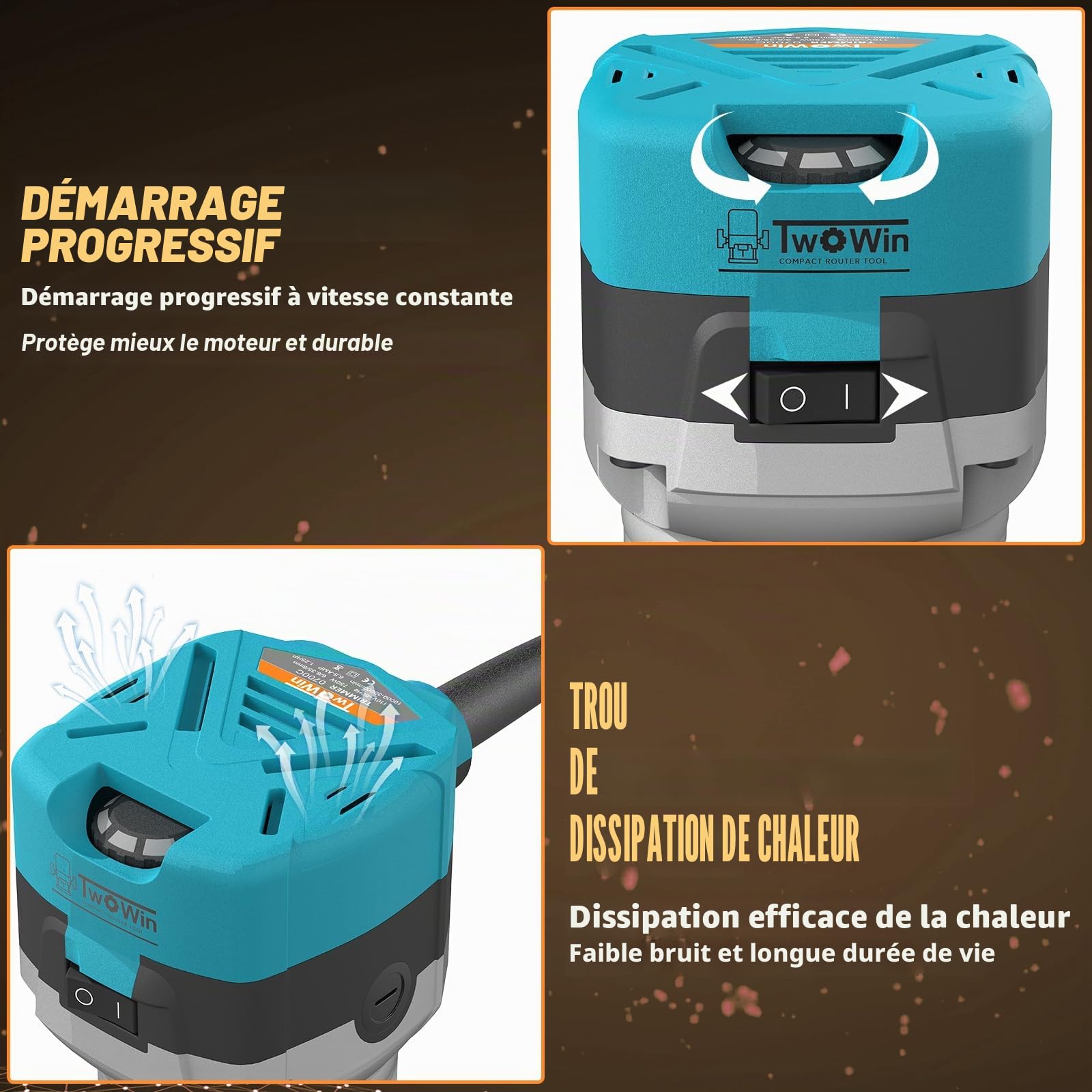 TWOWIN Outil de défonceuse à bois, 6,5 A, 1,25 CV, outil de défonceuse à bois portable, défonceuse compacte pour le travail du bois, 6 vitesses variables, base fixe, outil de travail du bois avec