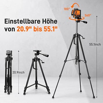 GOCHIFIX 360 Laser Level with Tripod 5 Lines Laser Level 2 Plumb Dots Self Leveling Green Line Laser Level Tool for Construction, Floor Tile Included Target Plate, Battery, Carry Bag, Black + Orange