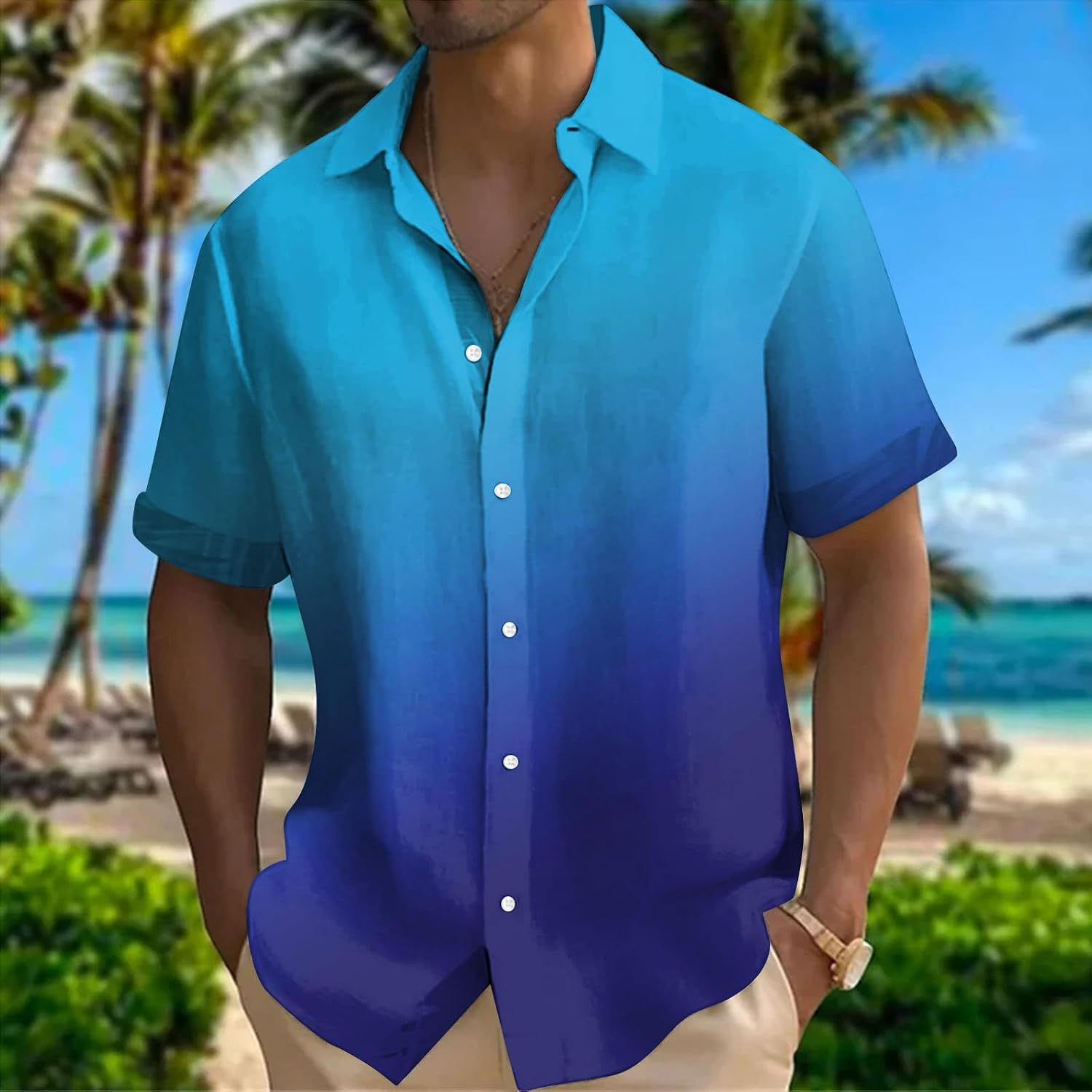 Ymosrh Men's Fashion Shirts Gradient Color Hawaiian Shirt Buttons Up Summer Beach Dress Shirts, M-4XL