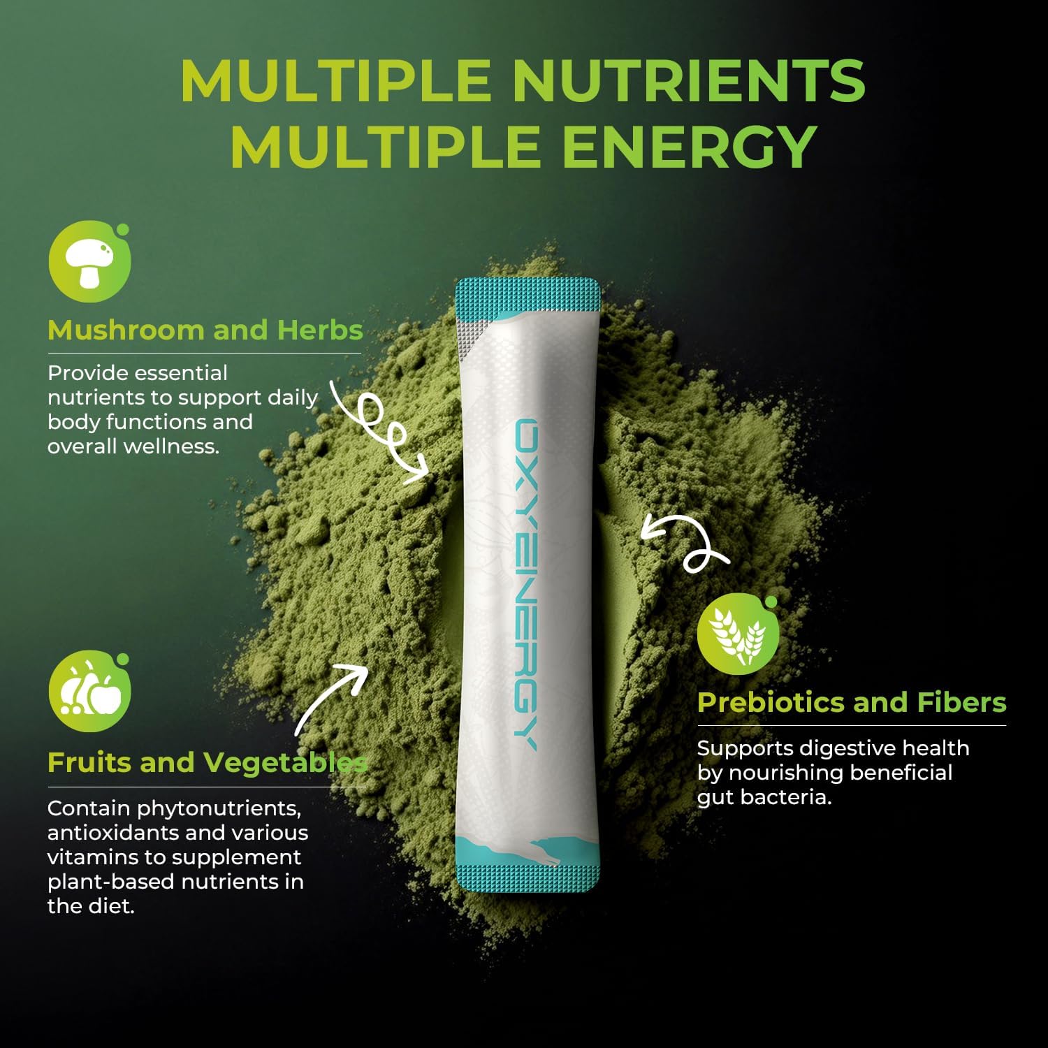 OxyEnergy Super Greens Powder, 40+ Superfoods, 0 Suger, 3g Fiber, Spirulina, Chlorella, Prebiotics+Probiotics, Digestive Enzymes, Gut and Digestive Health, Peach Mango, 30 Packets Drink Mix