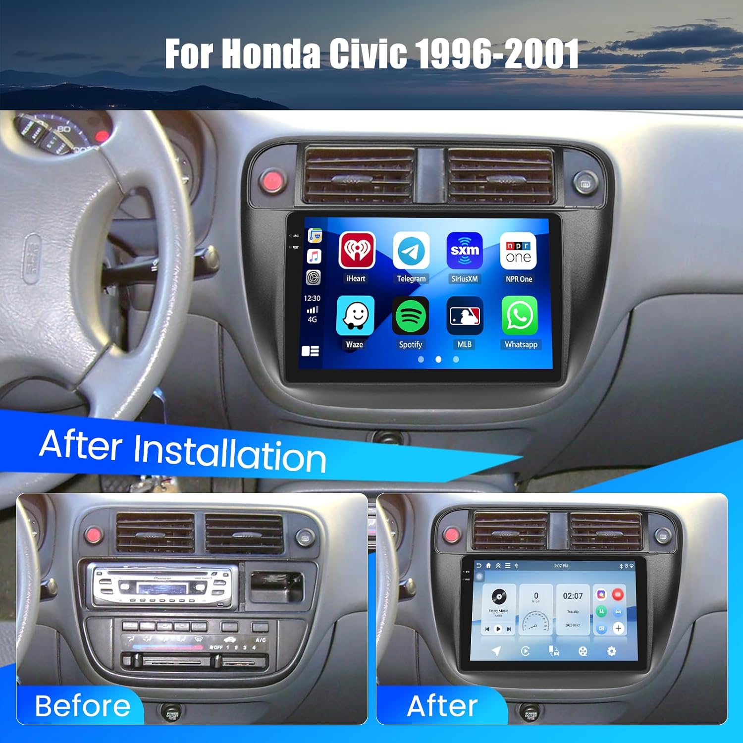 Hikity 4+128G for Honda Civic 1996 1997 1998 1999 2000 2001 Android Car Stereo, 9”Incell Touchscreen Radio with CarPlay, Android Auto, Bluetooth, GPS Navigation, WiFi, FM, RDS + AHD Backup Camera