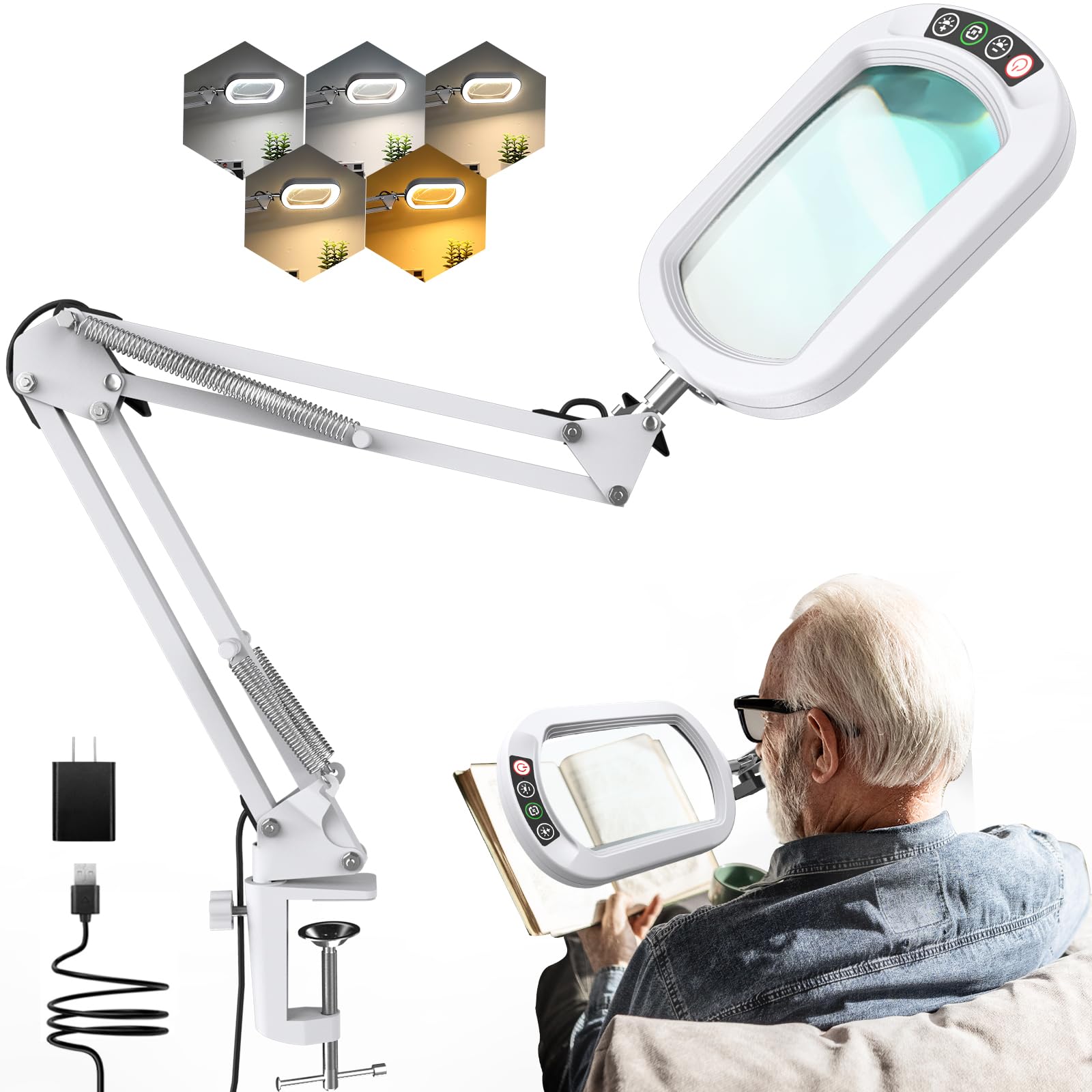 Lupa 10X con luz y abrazadera, cristal auténtico soporte de iluminación, 5 modos de color y regulable sin niveles, lámpara de escritorio LED manos libres para manualidades, aficiones, lectura, pintura