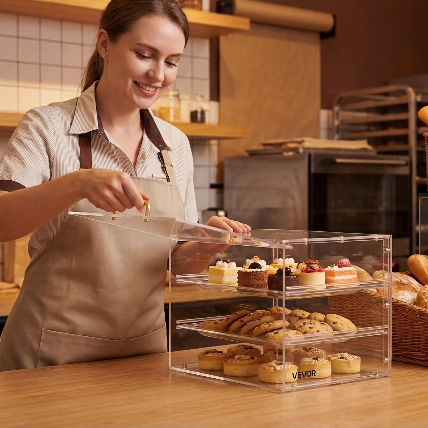 VEVOR Bakery Display Case, 3-Tier Commercial Countertop Pastry Display Case, Clear Acrylic Bread Box for Kitchen, Party Cake Cabinet with Flip-Up Door for Cookie Dessert Donut, 13" x 10.2" x 10.2"