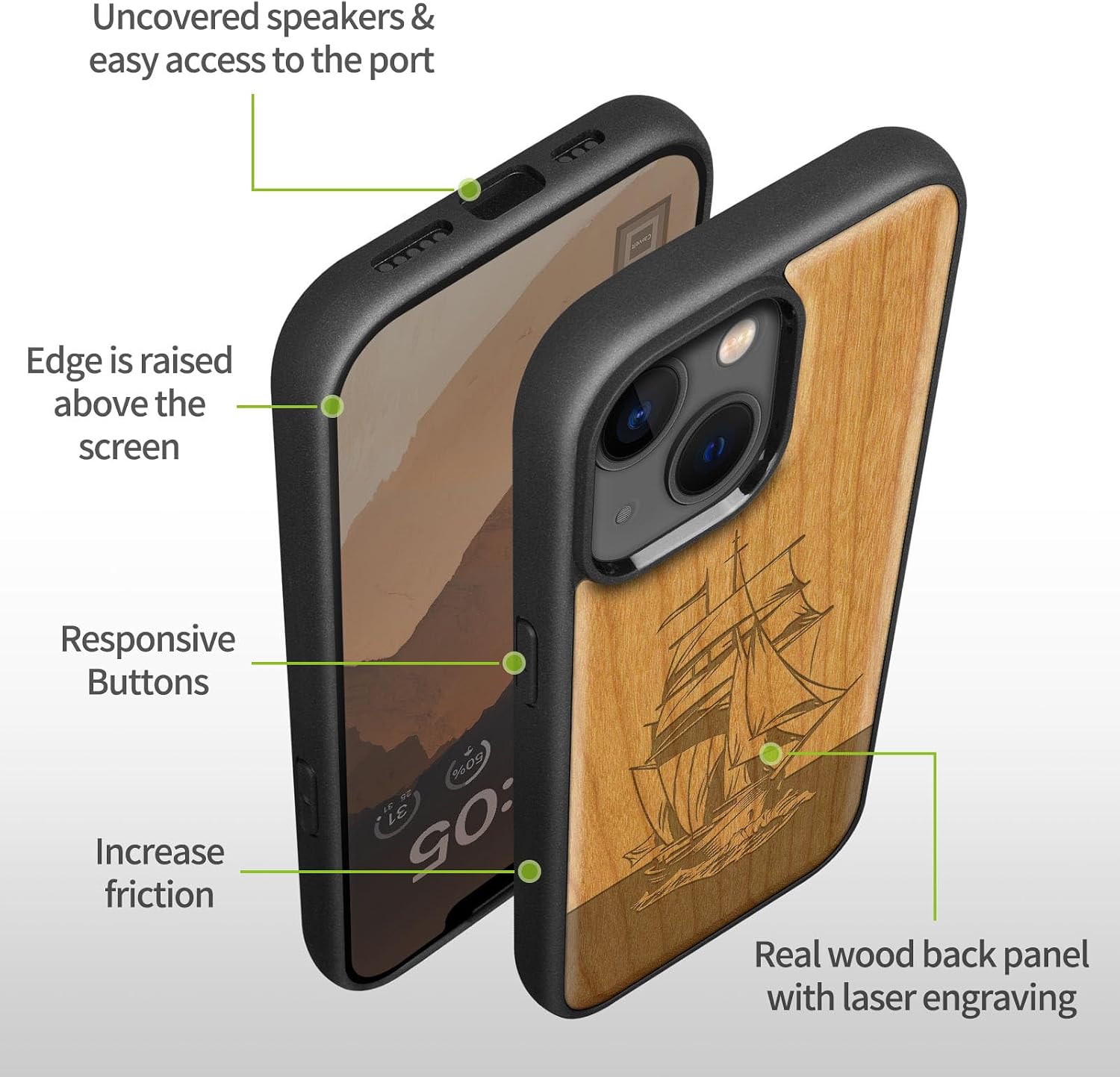 Carveit Magnetic Wood Case for iPhone 14 Plus - Natural Wood & Black Soft TPU - Shockproof Protective Cover - Unique & Classy Wooden Case - Compatible with MagSafe (Sailing Spirit -Cherry)