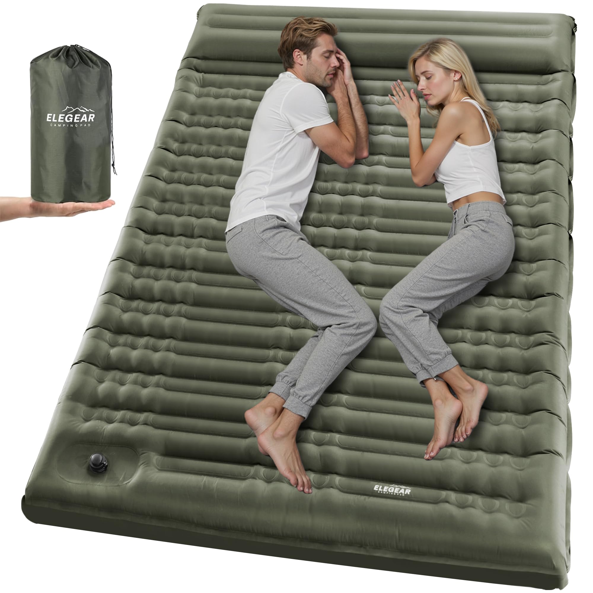 Elegear CumbreX Double Sleeping Pad for Camping, 4.7" Ultra-Thick Inflatable Camping Sleeping Pad 2 Person with Built-in Foot Pump, Portable Camping Sleeping Mat for Backpacking Hiking Tent,Green Full
