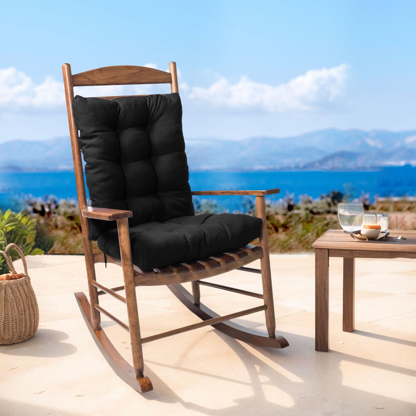 MIFXIN 2 Pack Outdoor Rocking Chair Cushion, Patio Chair Cushion Set, Thick High Back Chaise Cushion, Waterproof Sun-Protection for Indoor Outdoor Rattan Chair, Sofa, Porch, Yard Garden (Black)