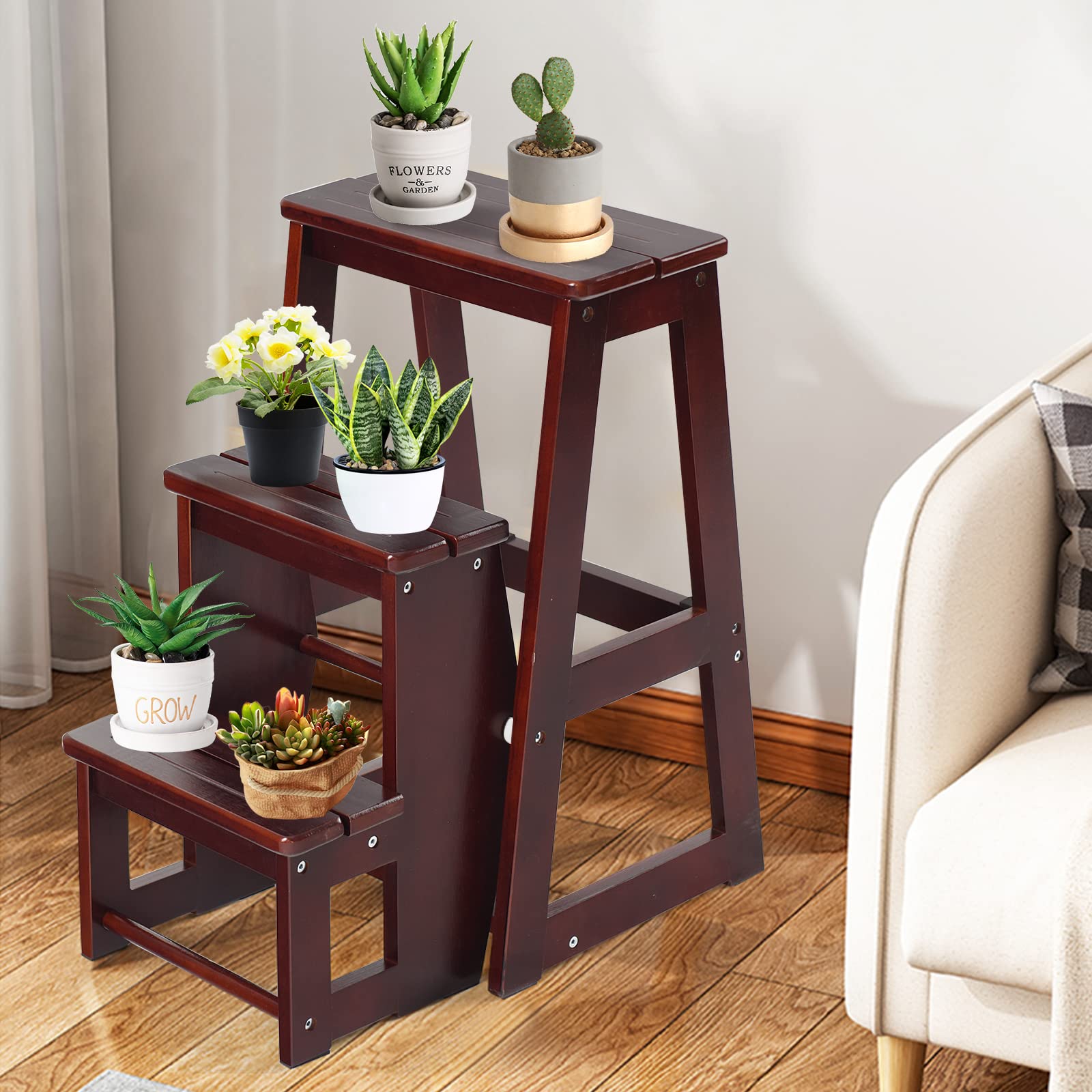GIANTEX 2 in 1 Scaletta e Sgabello Legno, Sgabello Scala Pieghevole, a 3 Gradini, Portata di 150 kg, Richiudibile e Salvaspazio, Ideale per Soggiorno/Studio/Ufficio, 38,5x57x66 cm, 2 Colori