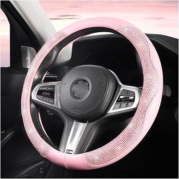 Pink Bling Steering Wheel Cover for Women and Girls, Universal 15 Inch Leather Steering Wheel Wrap Protector Car Interior Accessories with Rhinestone for All-Season Use