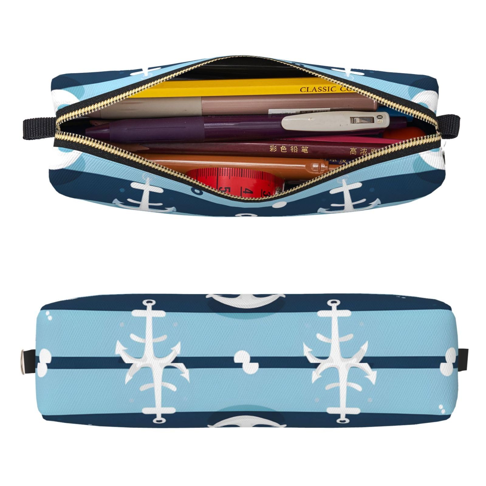 Mexpekil Leather Pencil Case for Girls Boys Anchor Stripe Small Pen Organizer Bag Zipper Slim Multi-Use Pouch for School Supplies Kids Adults