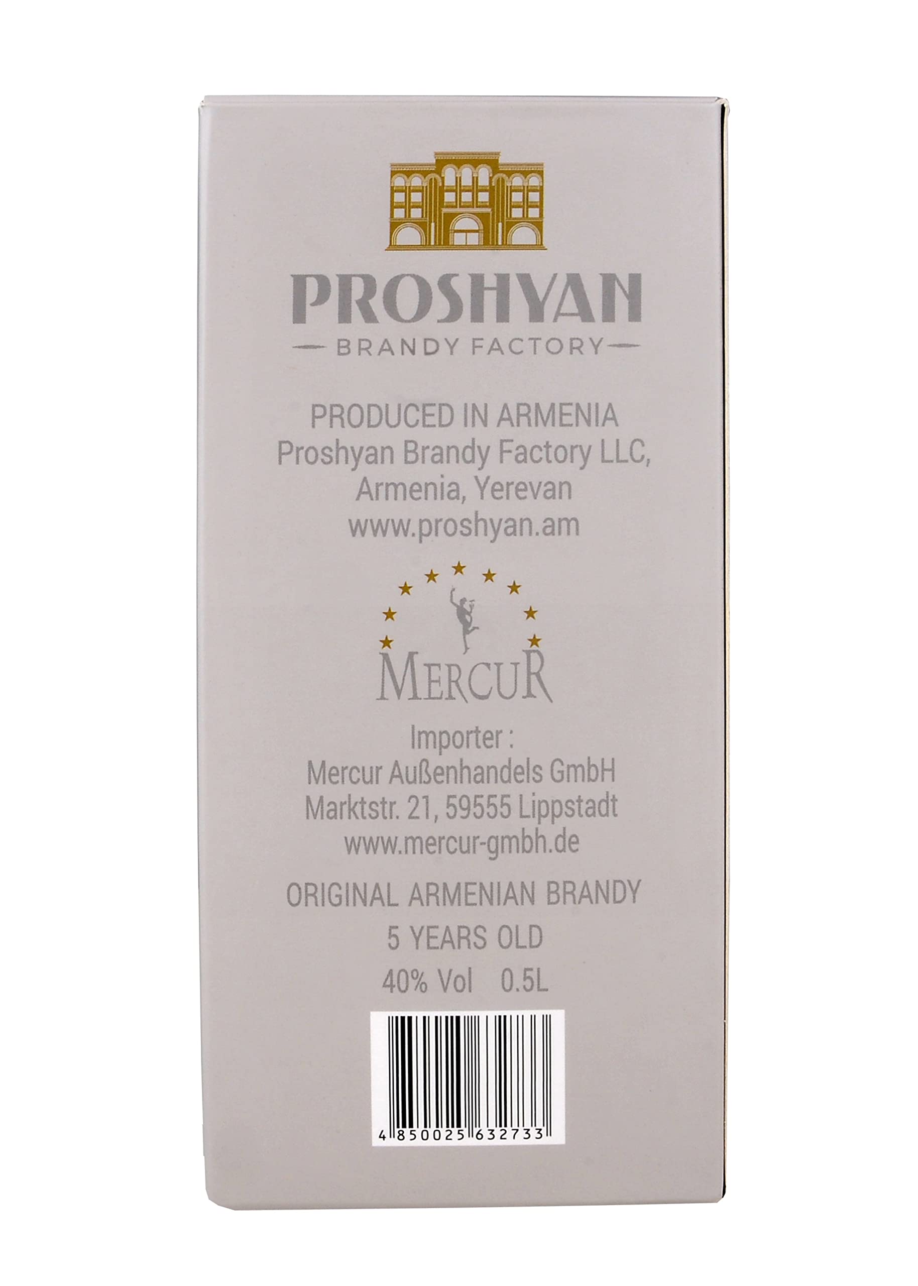 Proshyan - Armenischer Brandy in Geschenkverpackung | 5 Jahre in Eichenfässern gereift | 40% Vol. (1 x 0.5 l)