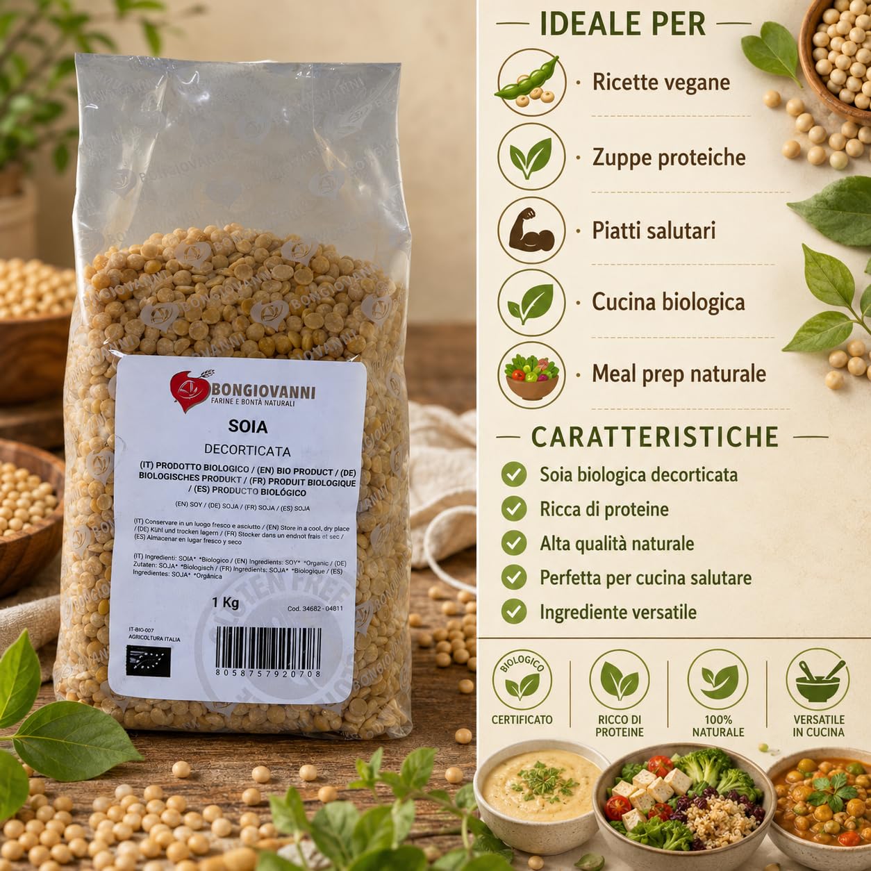 Bongiovanni Bontà Naturali Soja orgánica de Italia, pelada, 1 kg