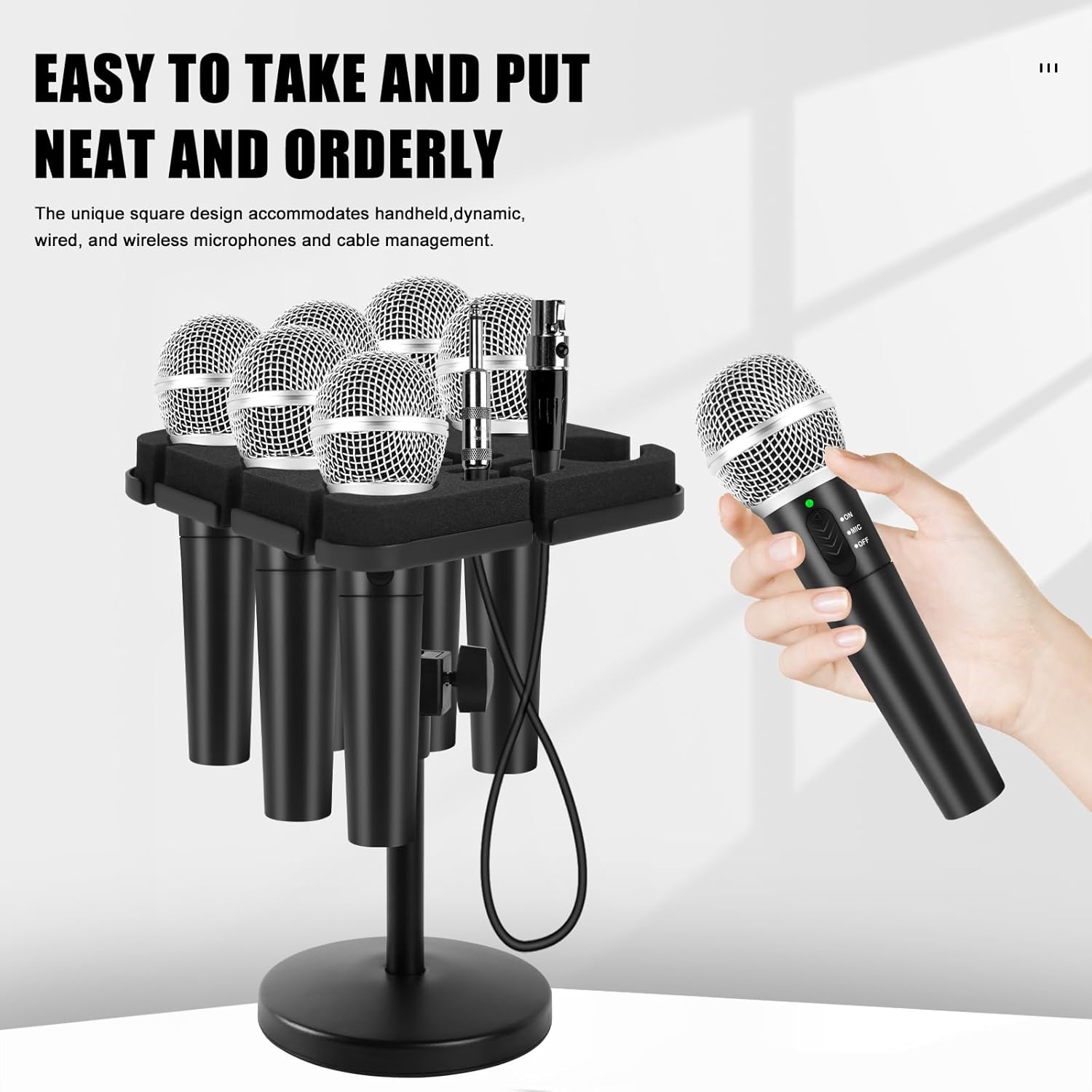 Multi Microphone Holder, Wired and Wireless Mic Holder for Stand, Hold Up to 7 Microphones, Aluminum, Black with stand