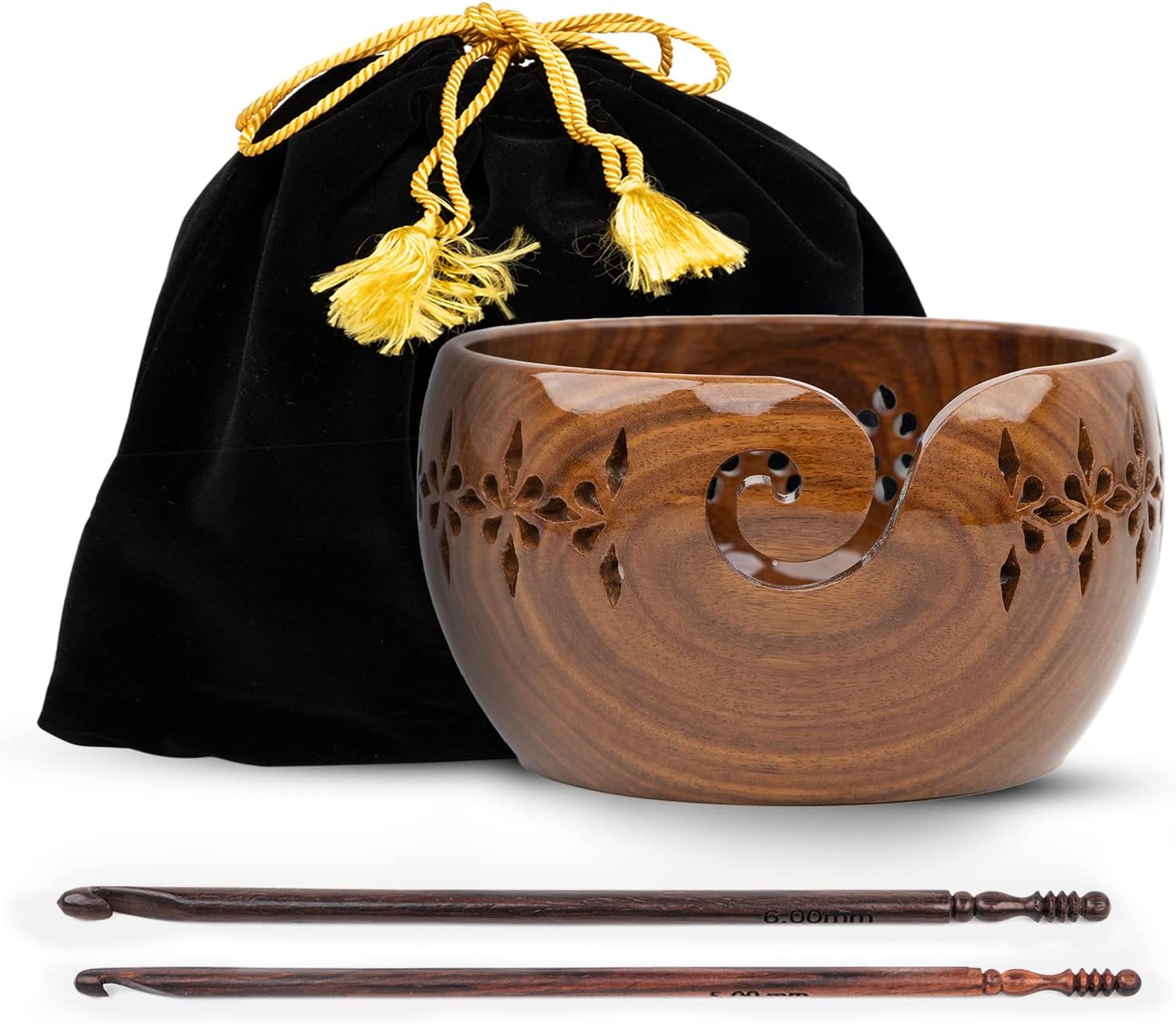 Rose Wood Hand Carved Yarn Storage Bowl Holder 7x4 Inches - Handmade Kniting Wooden Yarn Bowl, Prevent Slipping - Yarn Bowl for Crocheting, Knitting - Christmas, Gifts for Knitter - Pattern 1
