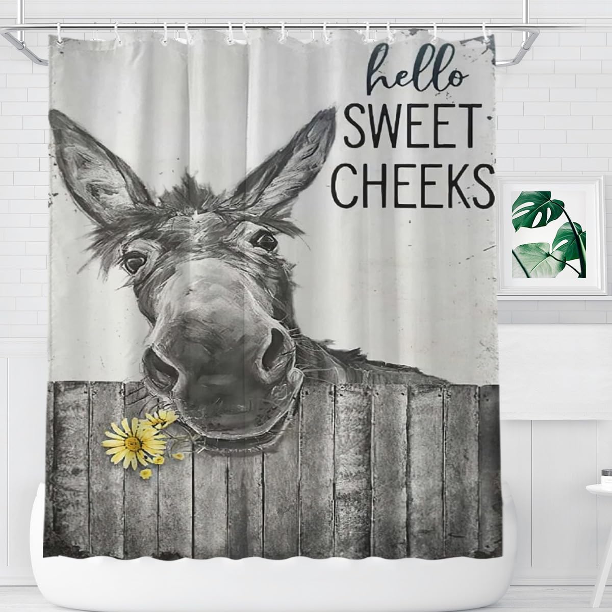Farmhouse Funny Donkey Black and White Animal Shower Curtain,with Hooks Waterproof Polyester Fabric Decorative Bathroom Curtain Sets for Shower Rustic Bathroom Décor 72x72inch