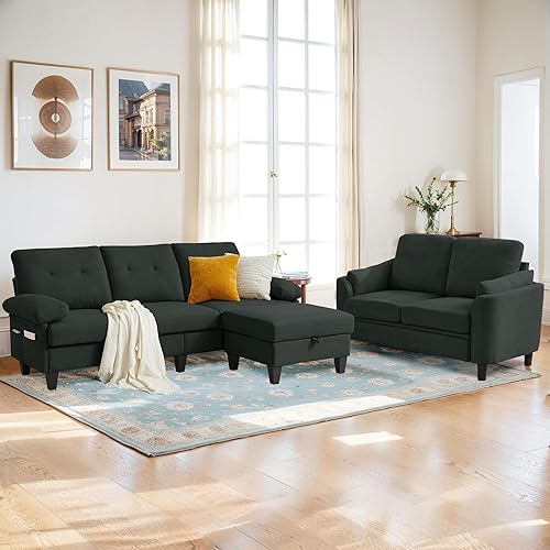 Miniatura 8 de Juego de 2 Piezas de Sofá Seccional Convertible para Sala de Estar, Sofá en Forma de L de 79" de 3 Asientos con Otomana de Almacenamiento y Silla