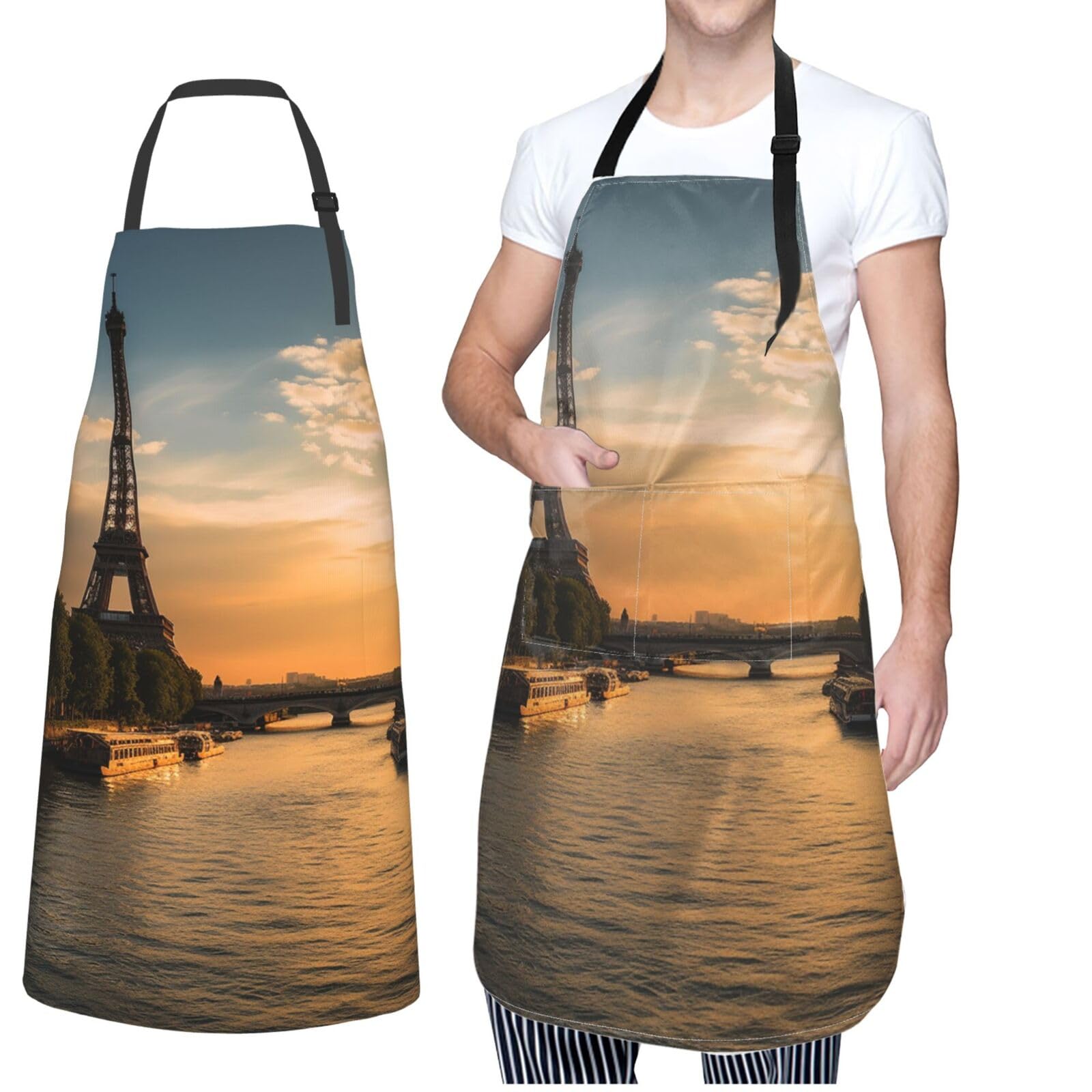 GFLFMXZW Apron for Women Men Waterpoof Aprons Sunset Over Tower Seine Adjustable Bib Work Aprons for Dishwashing