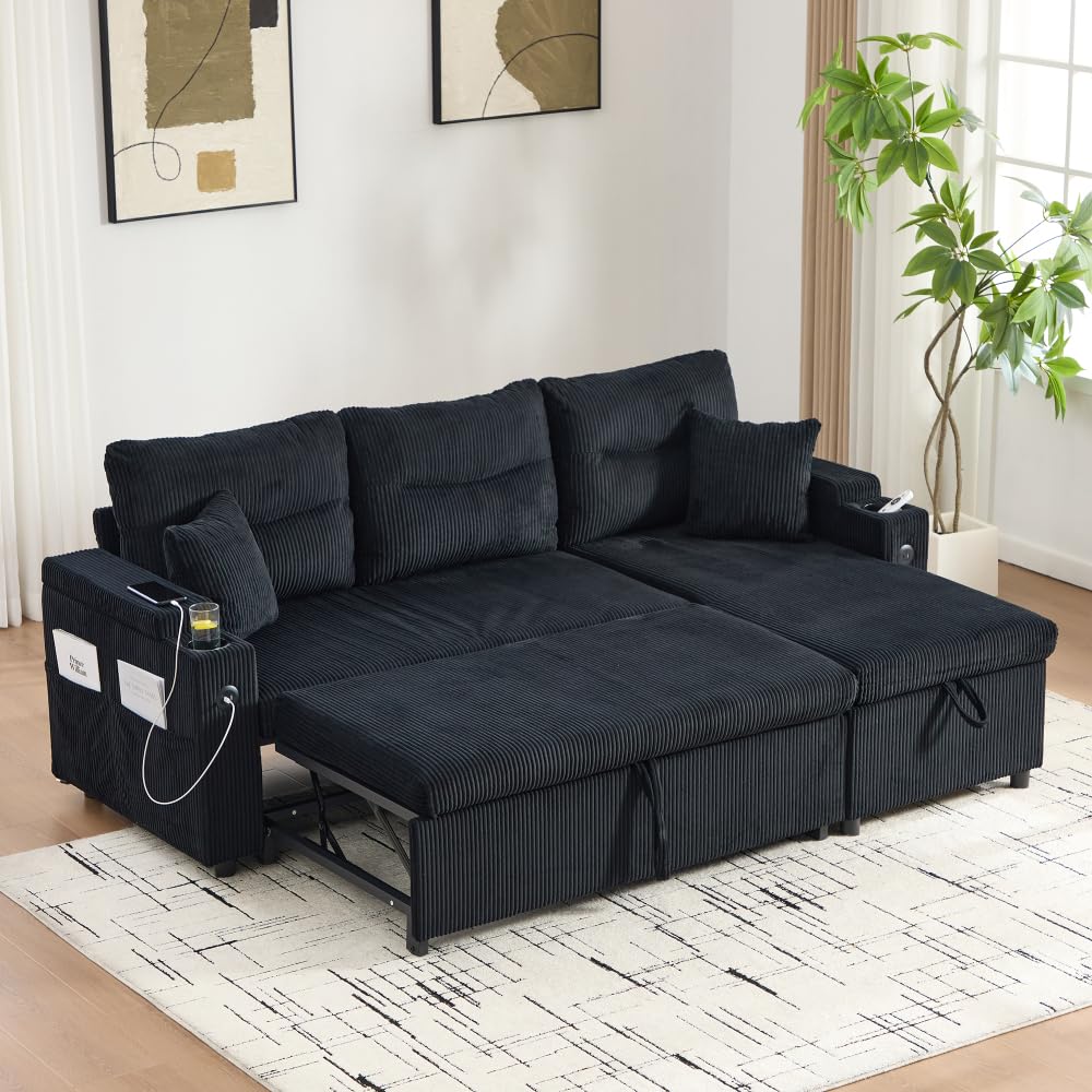 Lubvtti Divano letto 3 posti con portabicchieri,porte USB,contenitore integrato, divano 3 posti moderno in velluto a coste,divano angolare a L con chaise longue (Nero + 3 posti)